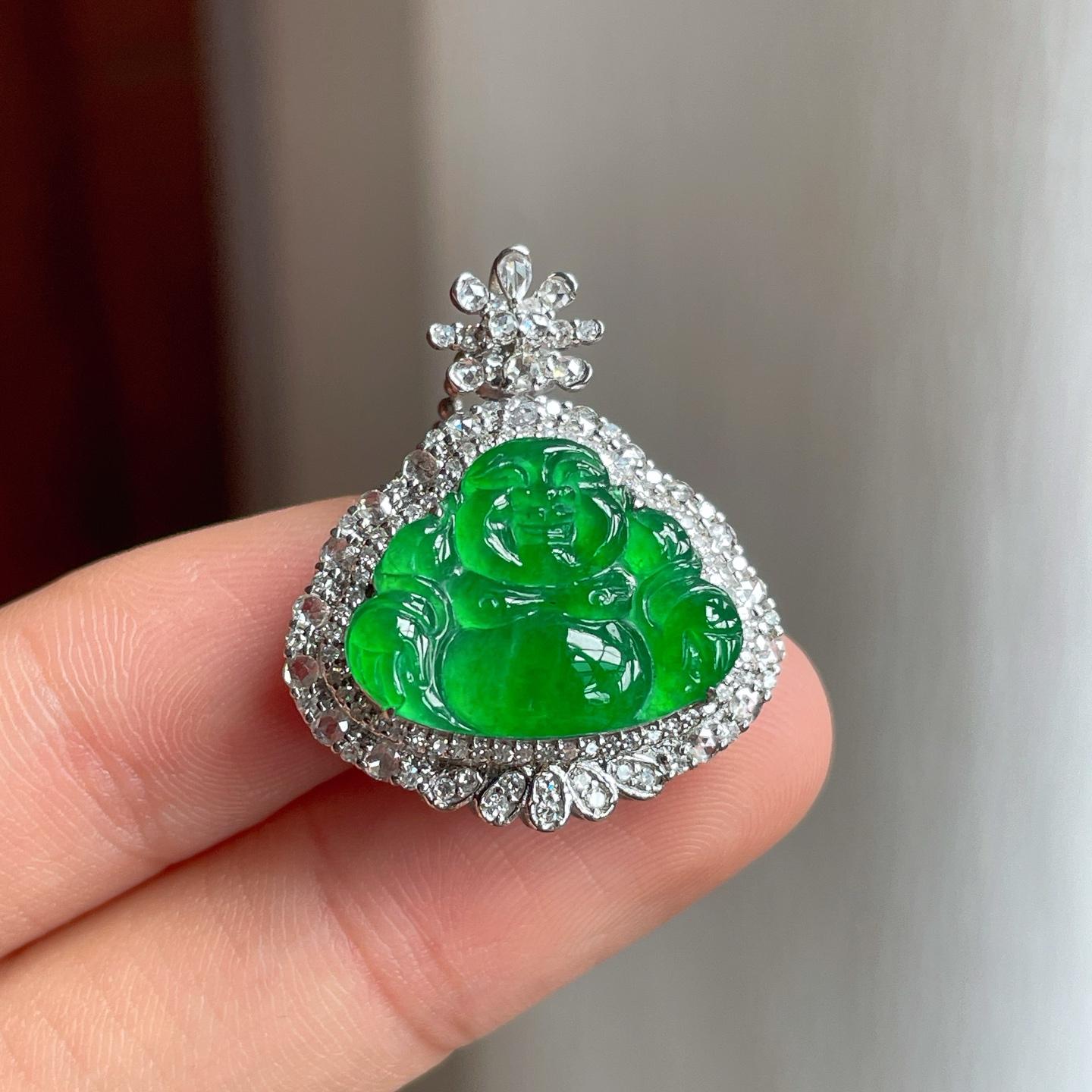 18k金钻镶冰种满绿翡翠佛公（yc257808）