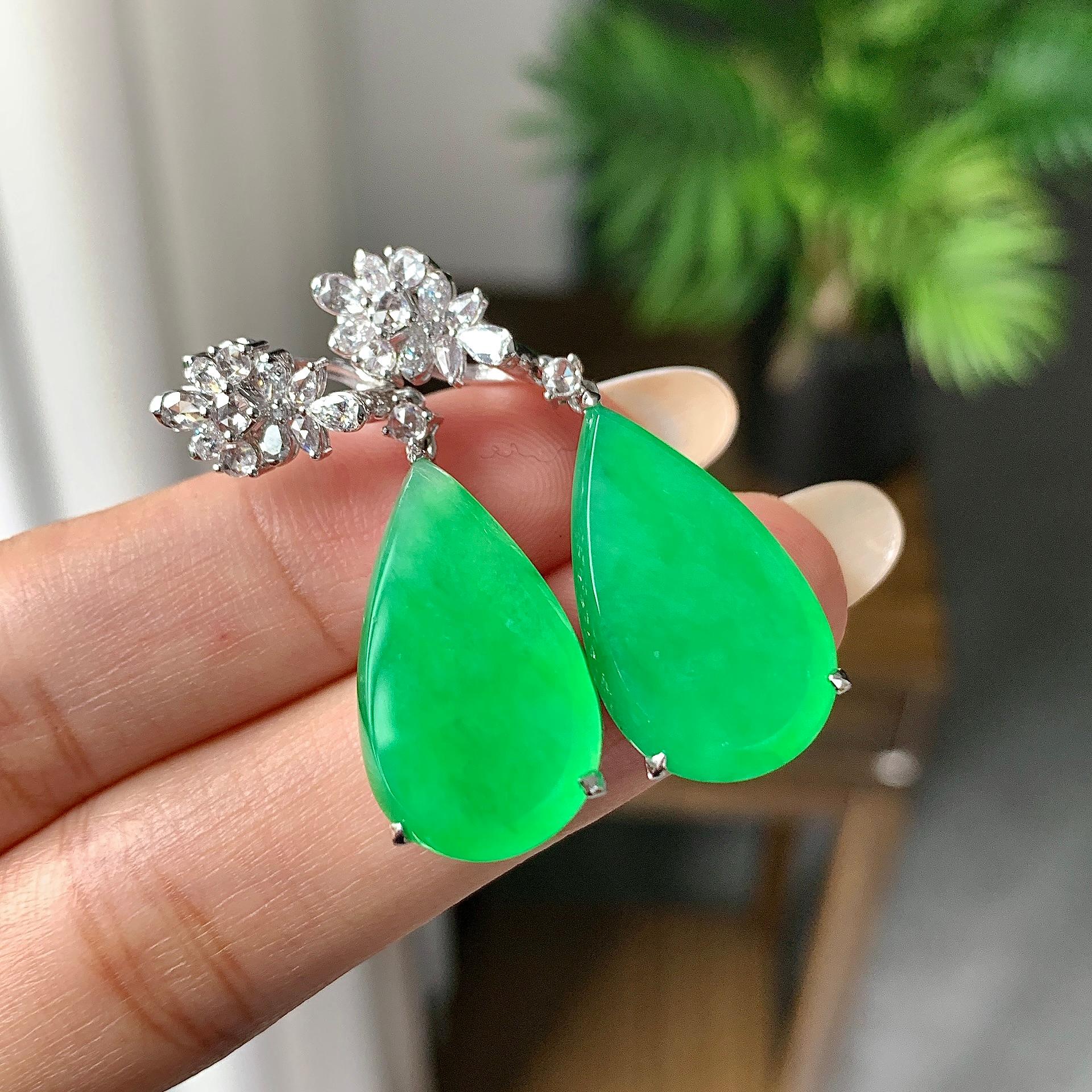 18k金钻镶糯冰种满绿水滴耳坠（yc253841）