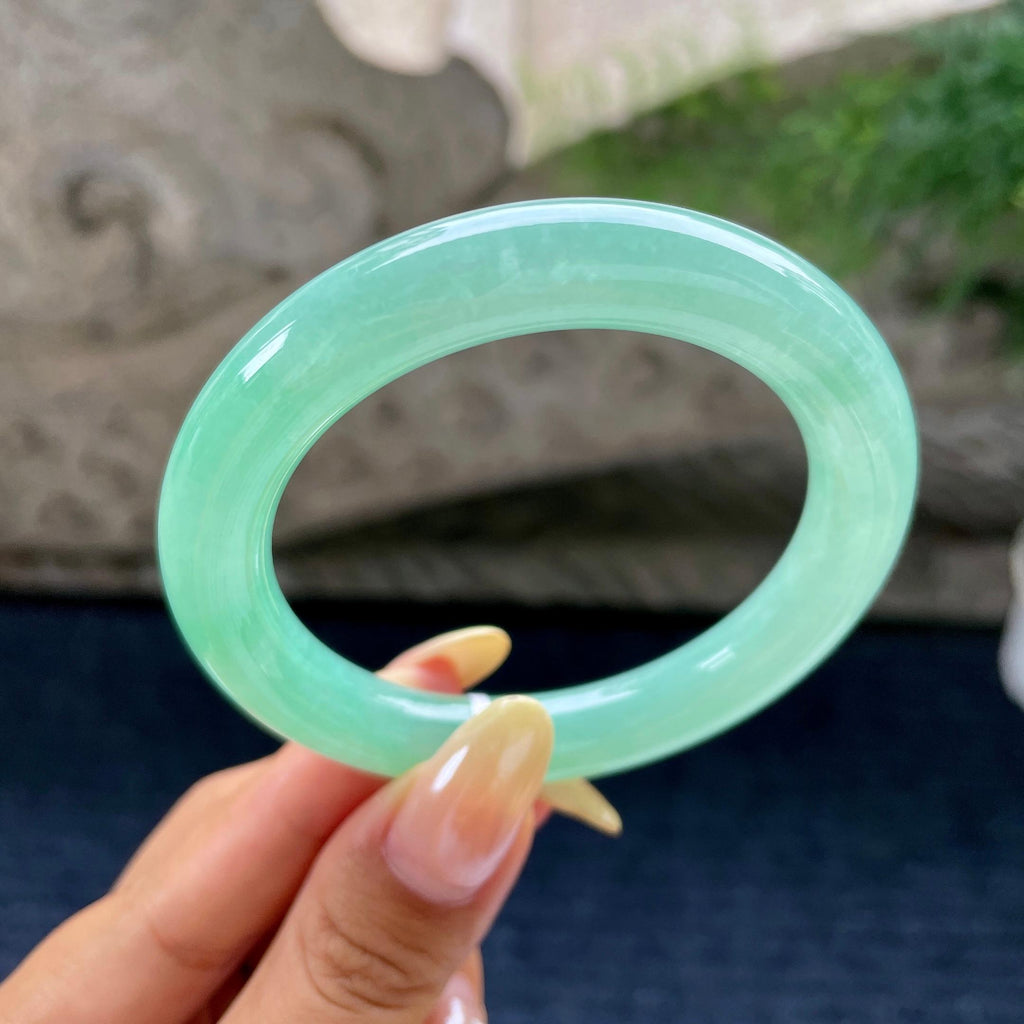 小圈口 细糯种翠绿圆条手镯53.6圈 天然缅甸A货翡翠（yc489324）