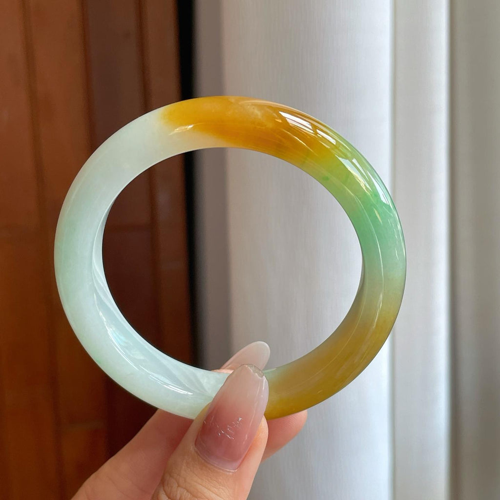 糯冰黄加绿翡翠平安镯（58.5mm）（yc268243）