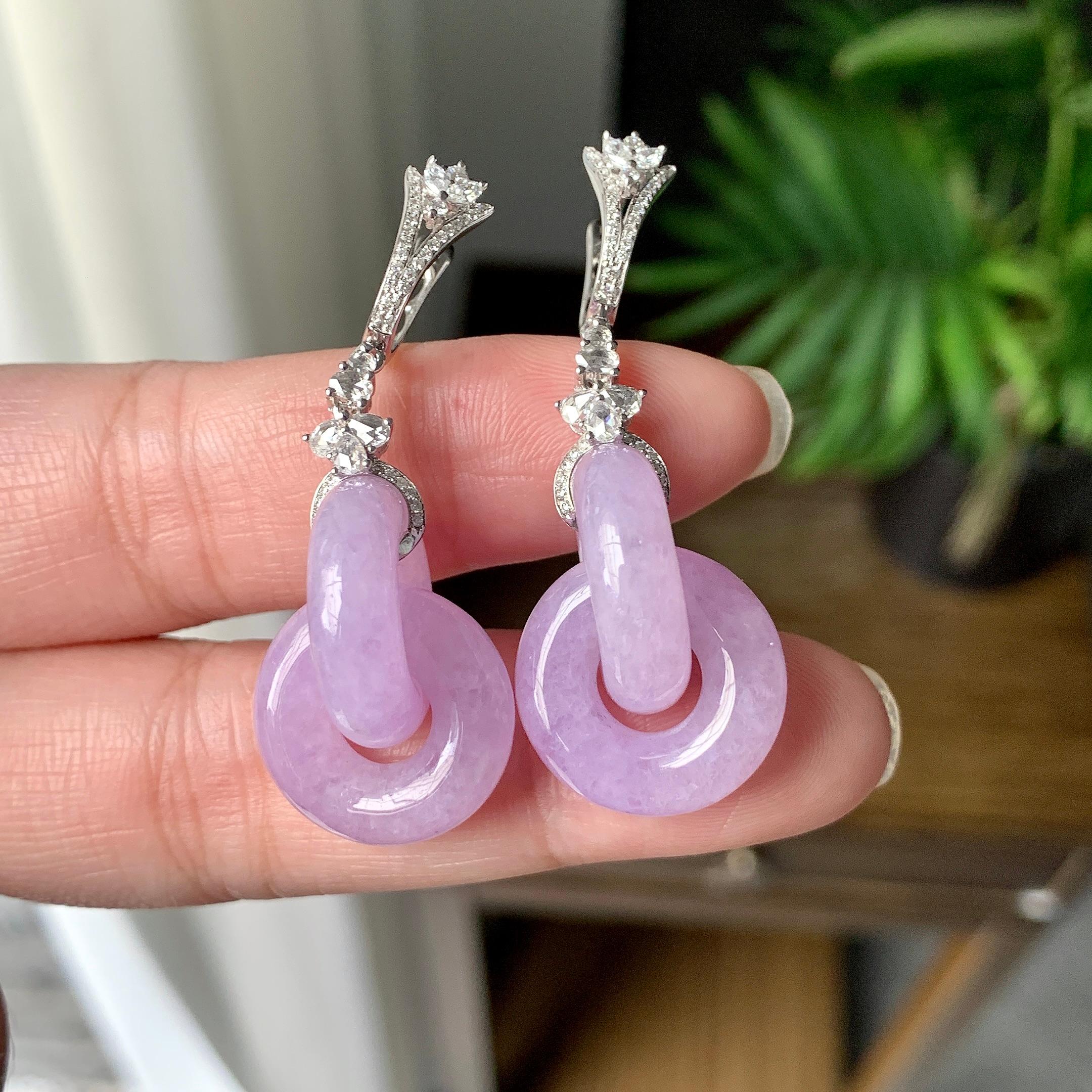 18K金钻镶糯冰种紫罗兰环环相扣耳坠（yc253840）