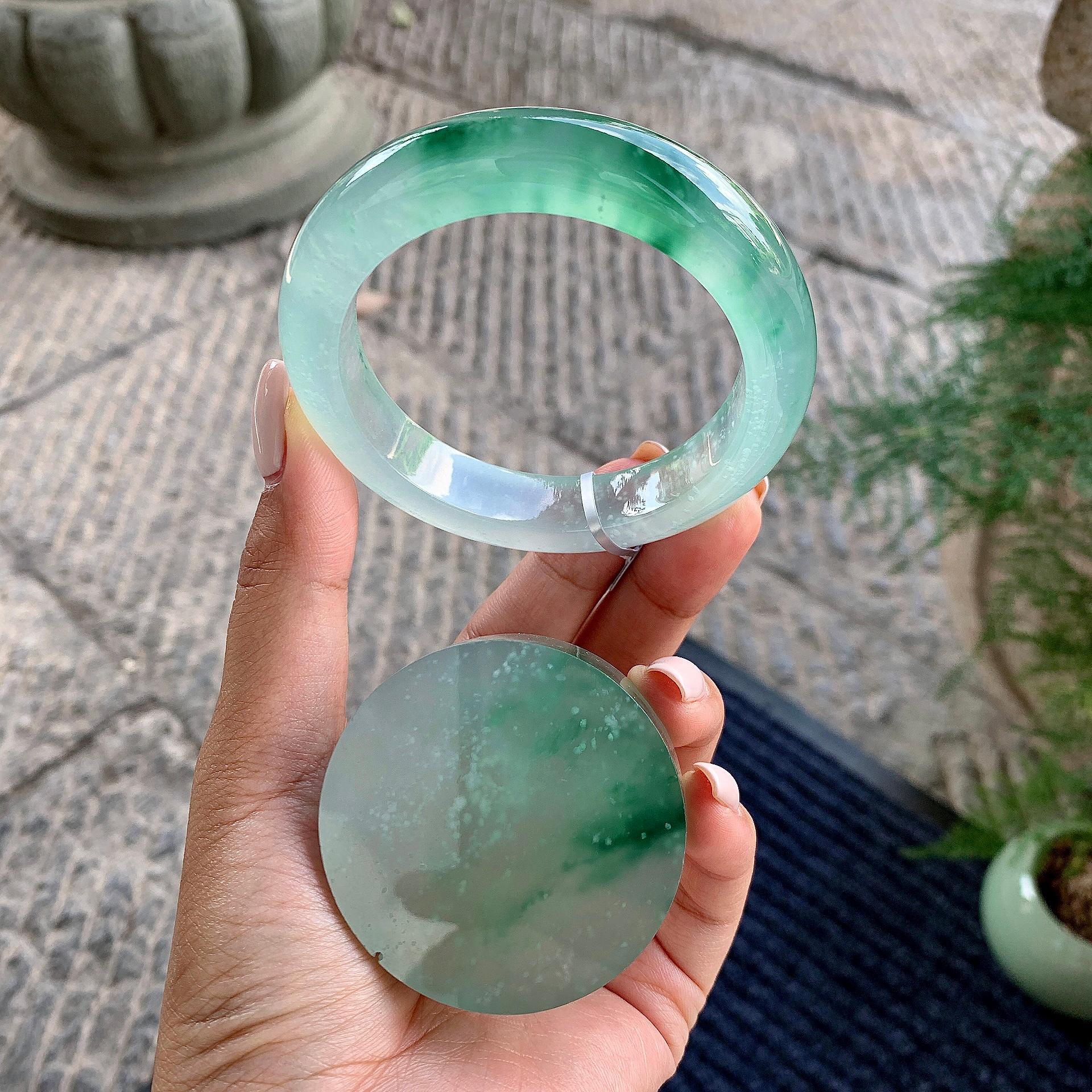 高冰种飘绿雪花棉平安镯/镯心（55.4mm）（yc226153）