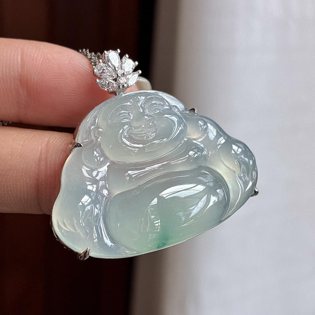 18k金镶冰种起光飘花玉佛挂件（yc759909）