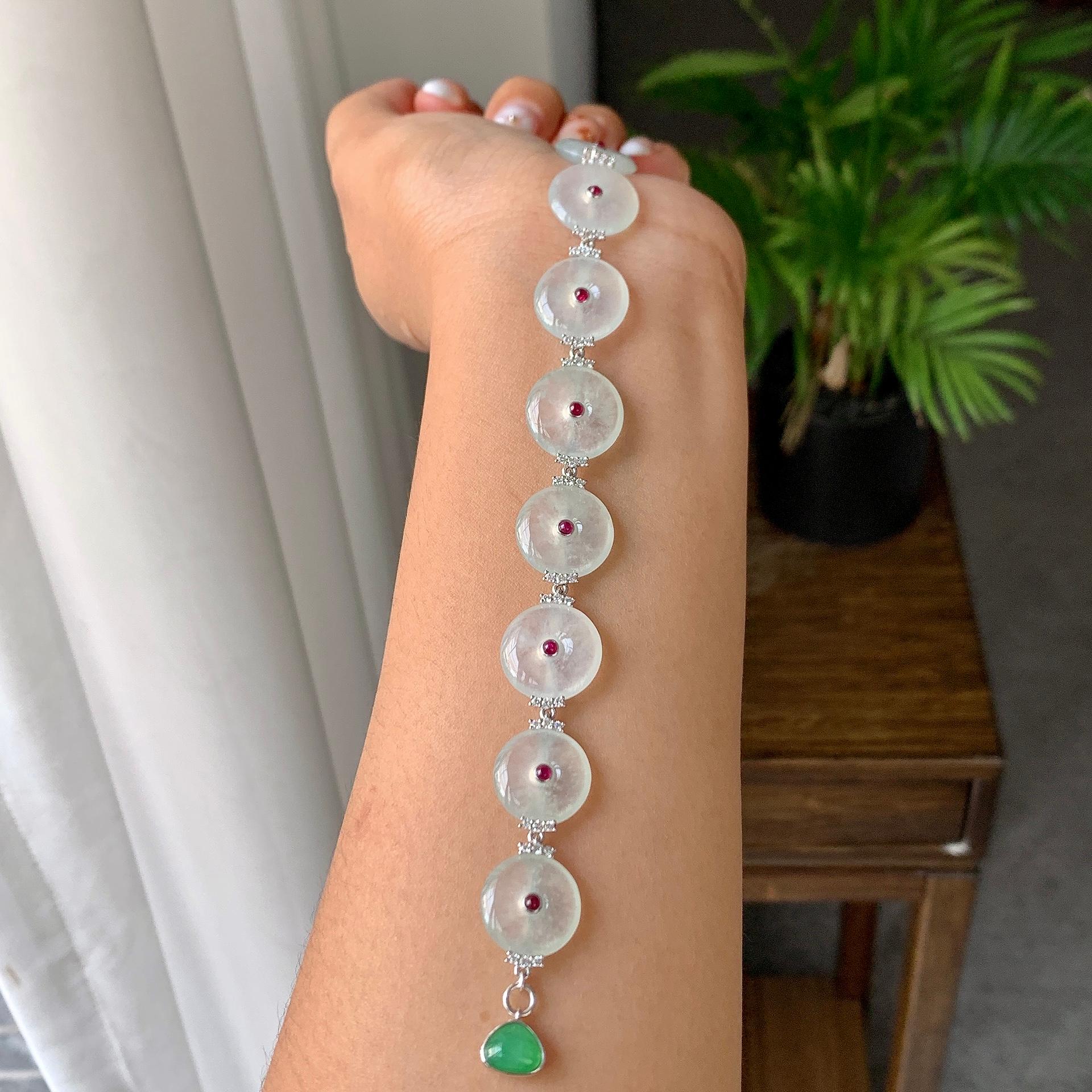 18K金钻镶糯冰种无色平安扣手链（yc246598）