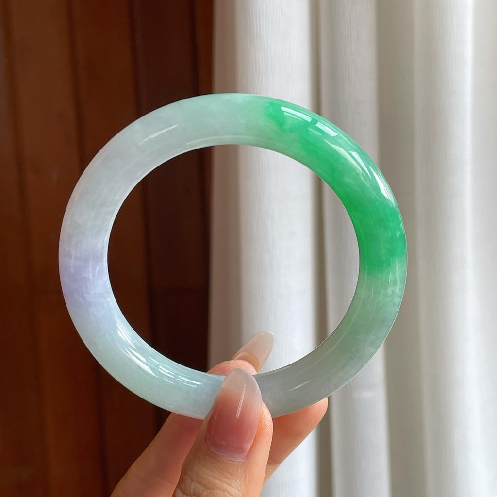 糯冰带色翡翠圆条手镯（59.5mm）（yc310546）
