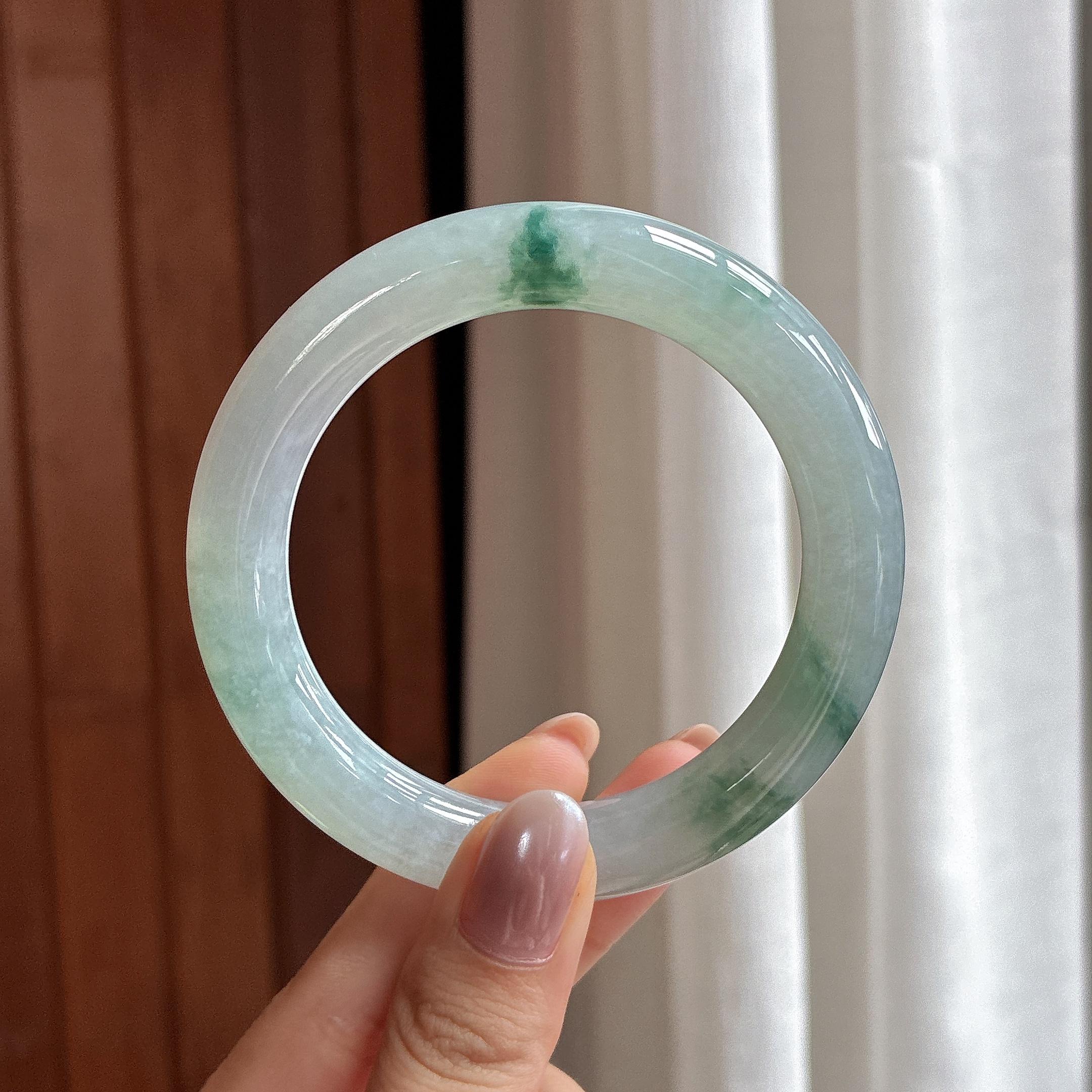 糯冰飘花圆条手镯 56圈 天然缅甸A货翡翠（yc525784）