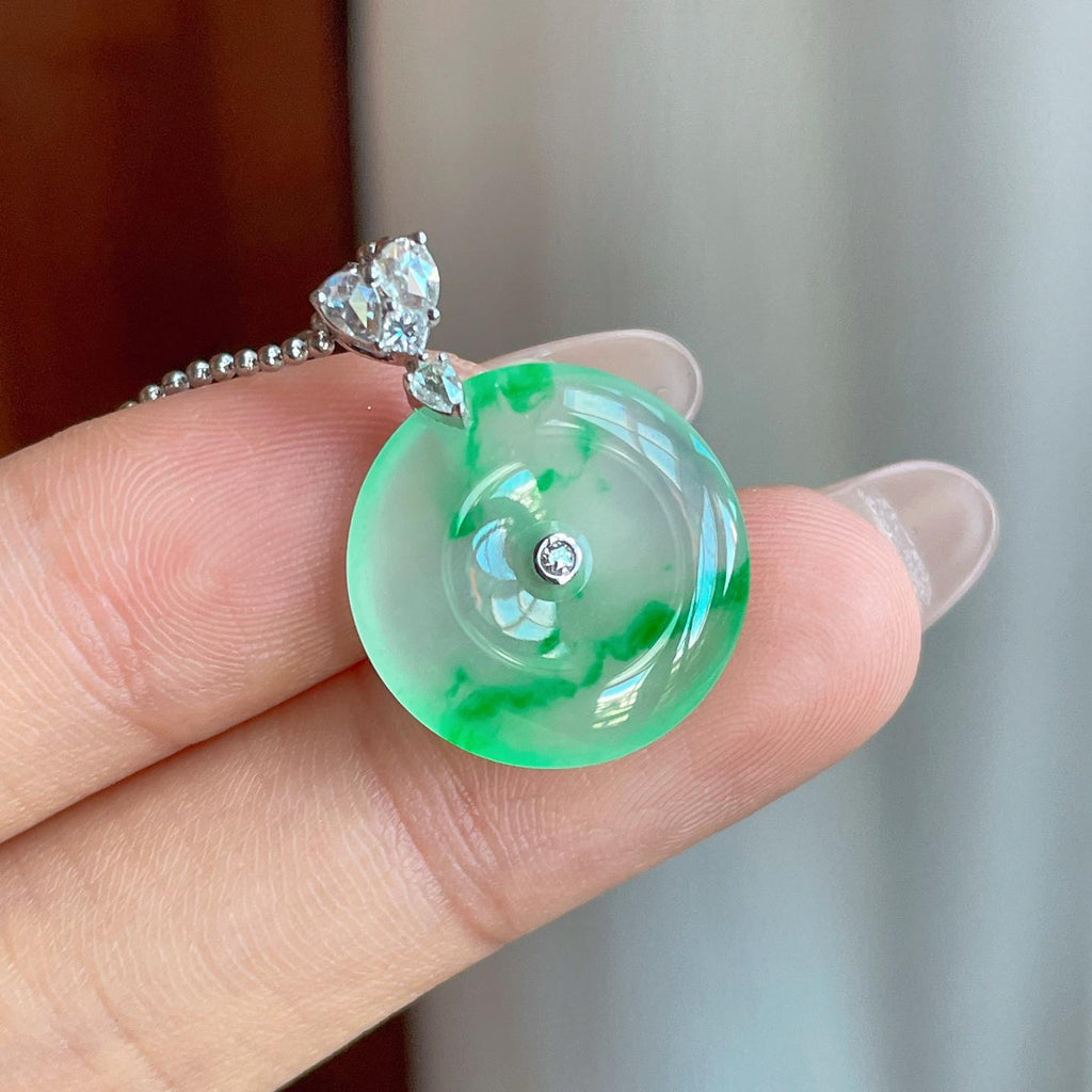 18k金扣冰种阳绿花翡翠平安扣（yc239328）