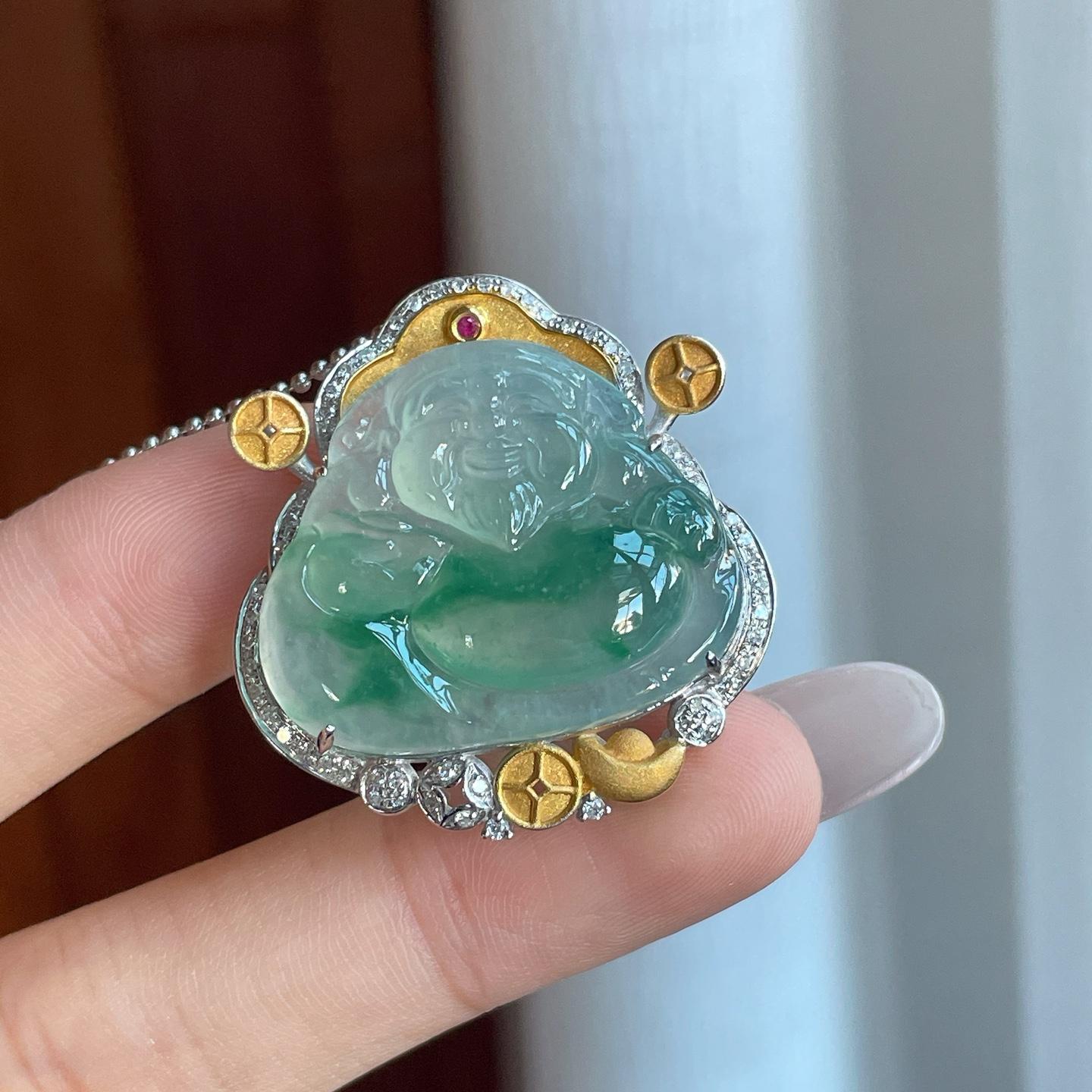 18k金钻镶冰种飘花翡翠财神（yc265746）