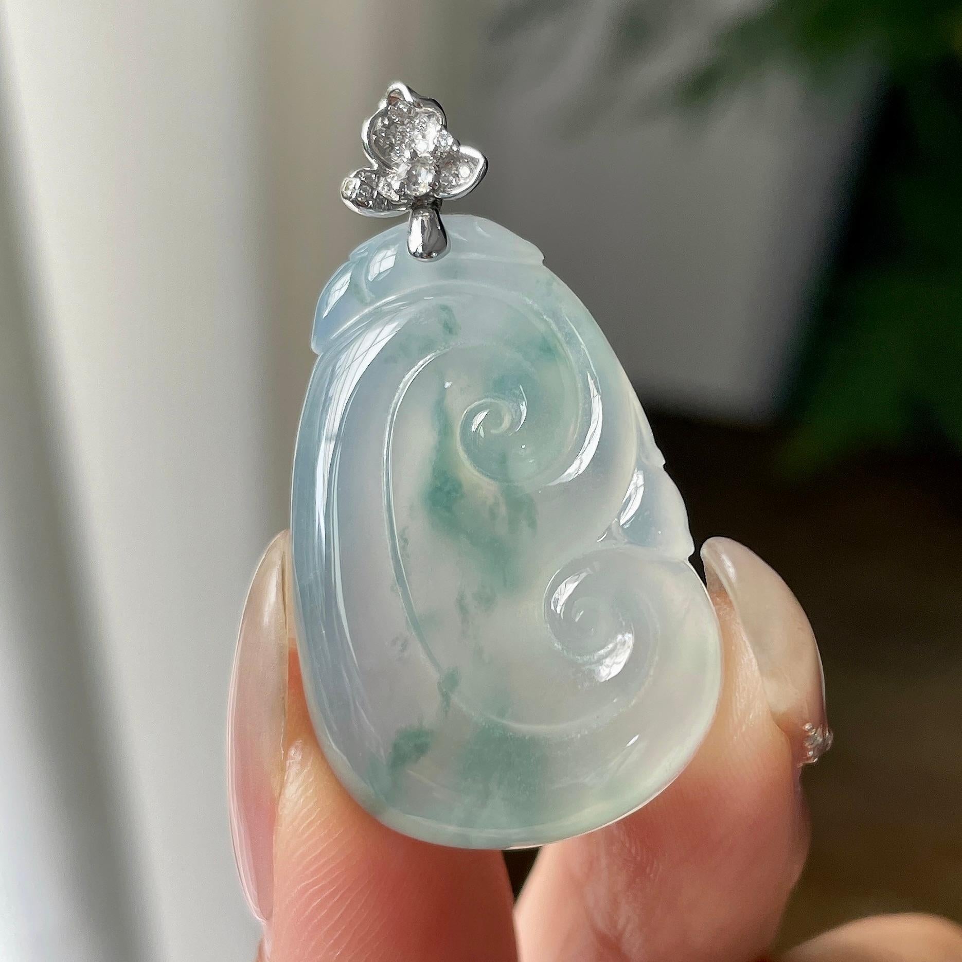 18k金钻镶糯冰种飘兰花如意吊坠    天然缅甸A货翡翠（yc346451）