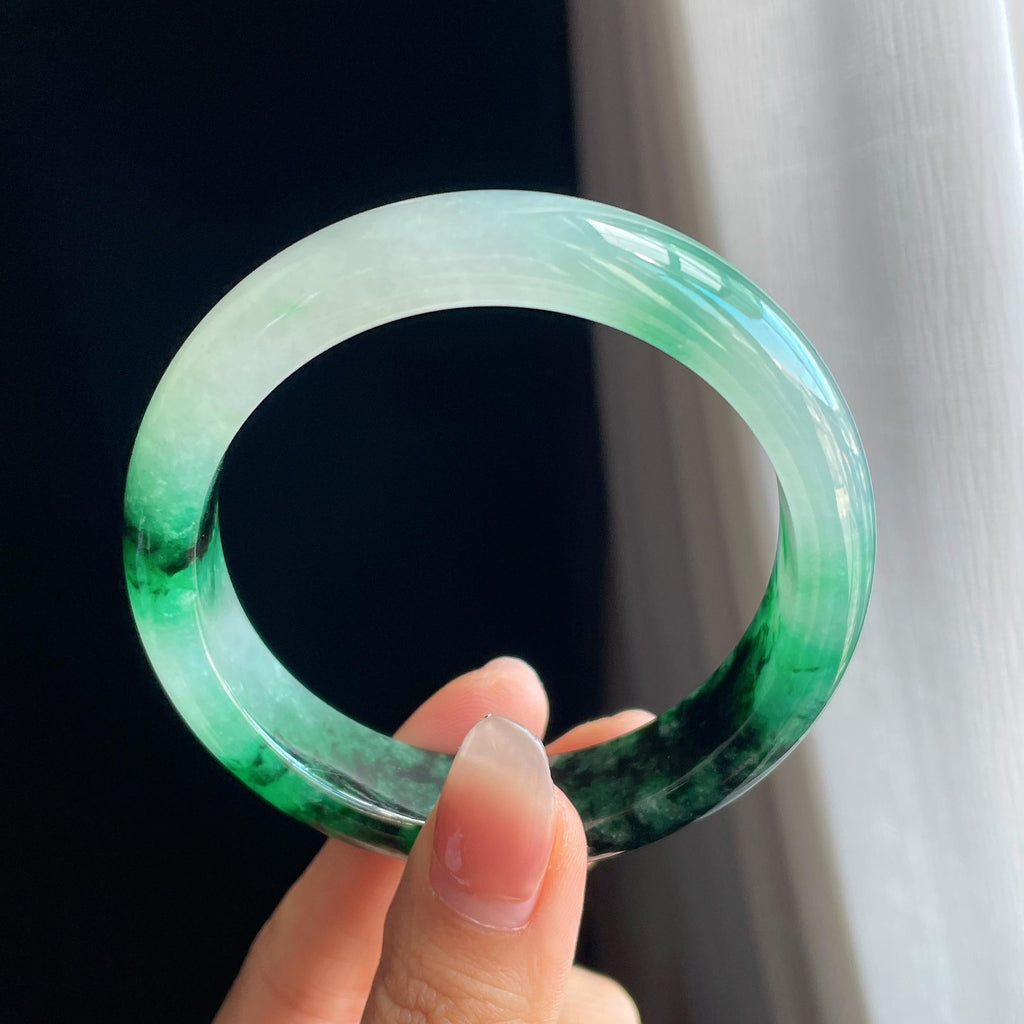 冰种水墨花带色翡翠平安镯（58mm)（yc323162）