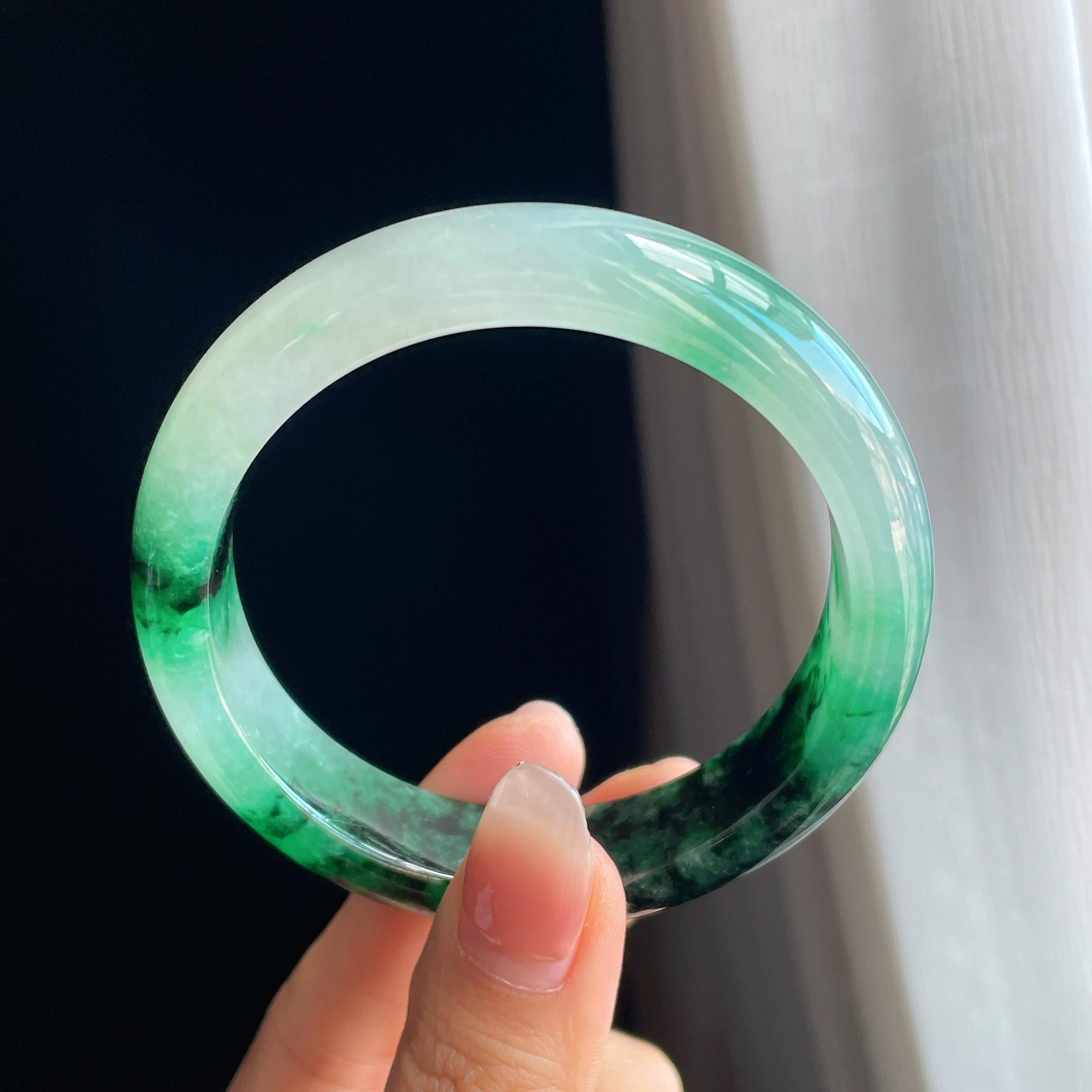 冰种水墨花带色翡翠平安镯（58mm)（yc323162）