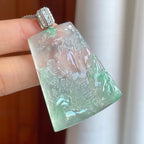 18k金扣冰种飘绿花翡翠山水牌（yc292727）