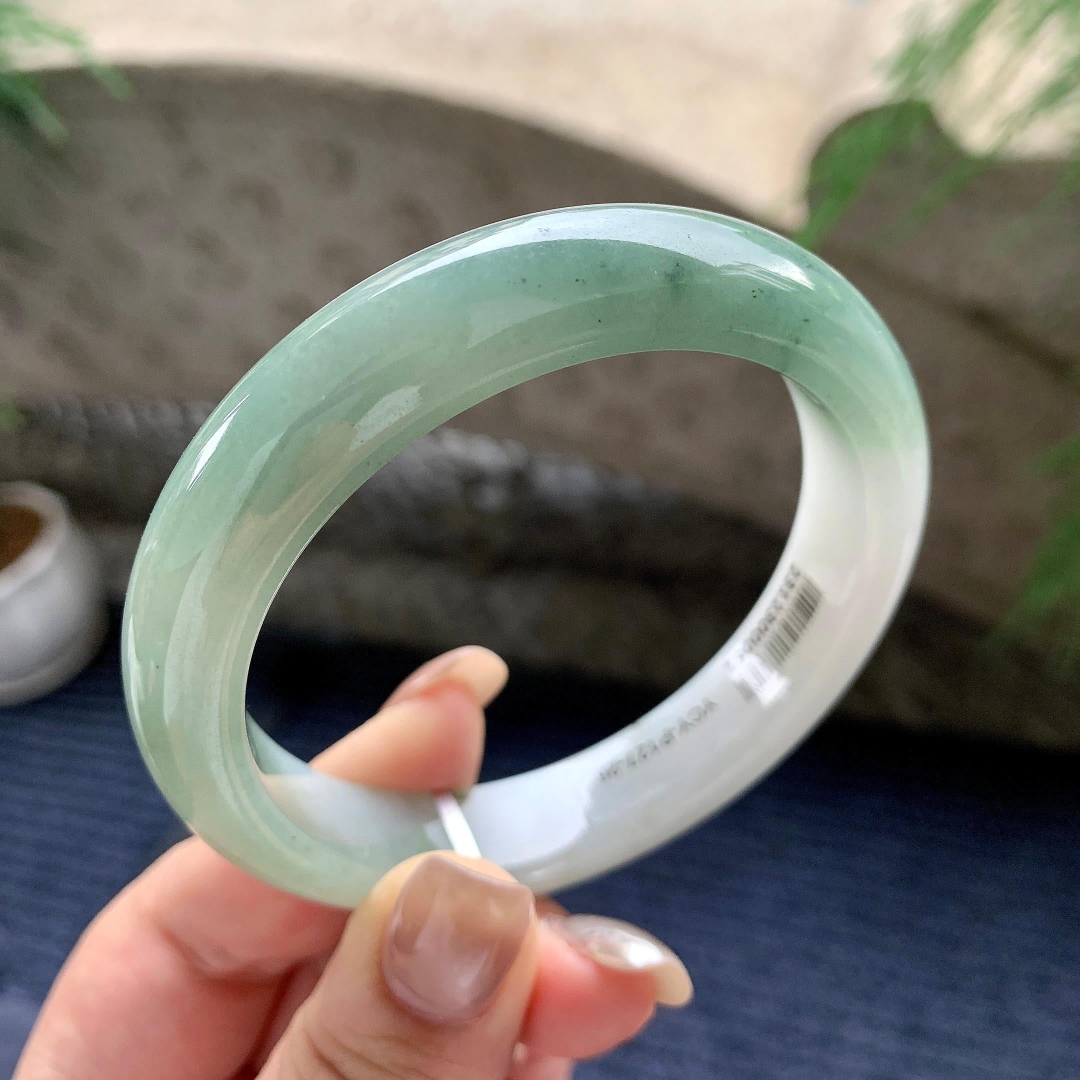 大圈口  细糯种油青半山水正圈平安镯  59圈口  天然缅甸A货翡翠（yc436241）