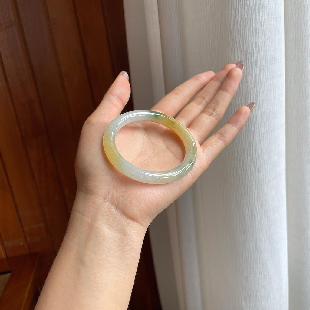 糯冰黄翡飘花翡翠圆条手镯（52.5mm）（yc361781）