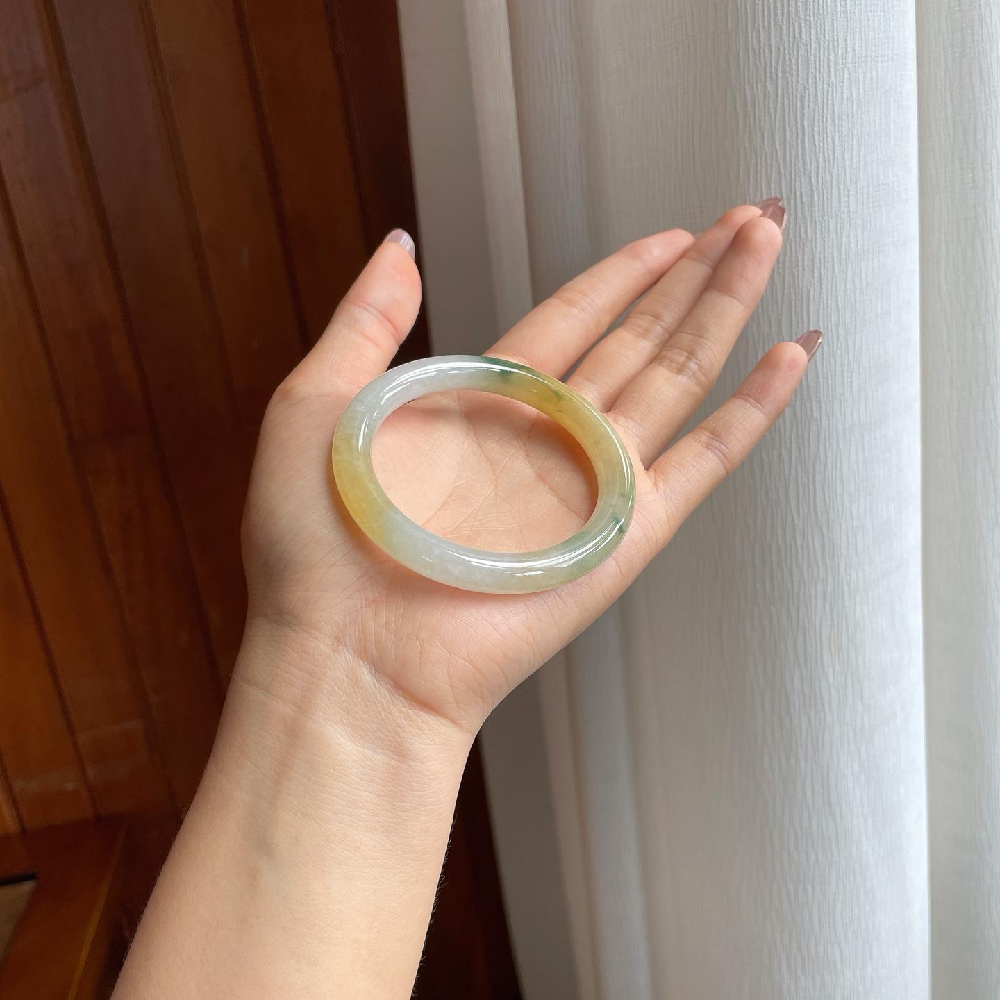 糯冰黄翡飘花翡翠圆条手镯（52.5mm）（yc361781）