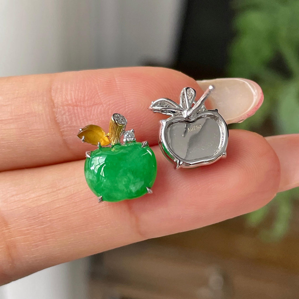 18k金镶细糯种满绿苹果耳钉         天然缅甸A货翡翠（yc448317）