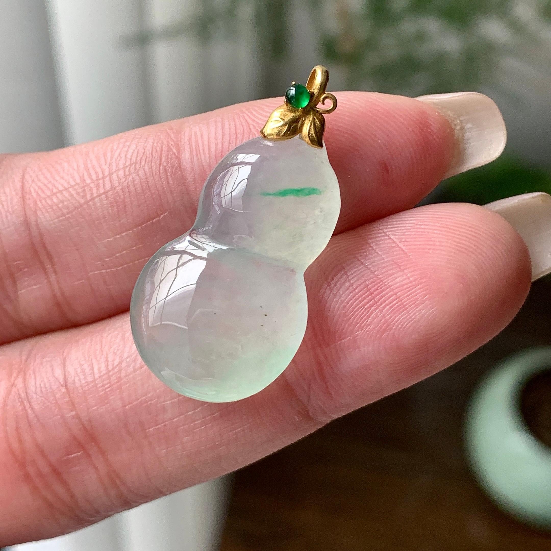 18K金镶糯冰种飘绿花葫芦吊坠  天然缅甸A货翡翠（yc421312）