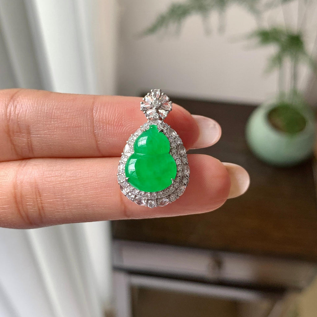 18k金钻镶冰种翠绿葫芦戒指/吊坠（两用款）（yc286403）