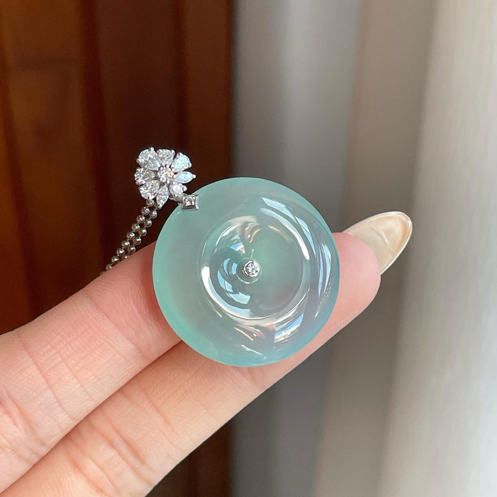 18k金钻镶冰种蓝晴底翡翠平安扣（yc265783）