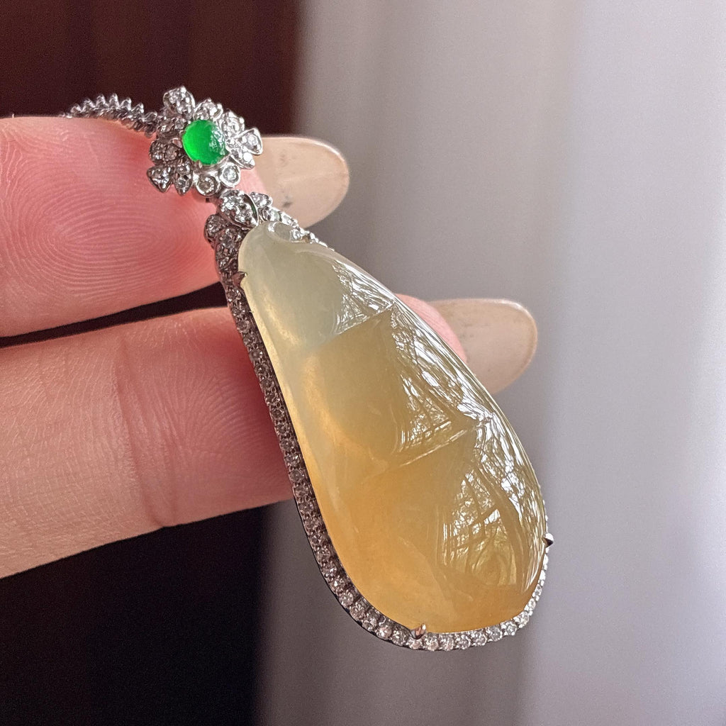 18k金镶冰种黄翡福豆挂件 天然缅甸A货翡翠（yc495940）