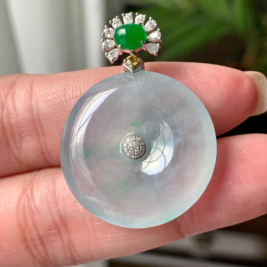 18K金钻镶糯冰种蓝底飘绿花平安扣吊坠  天然缅甸A货翡翠（yc445826）