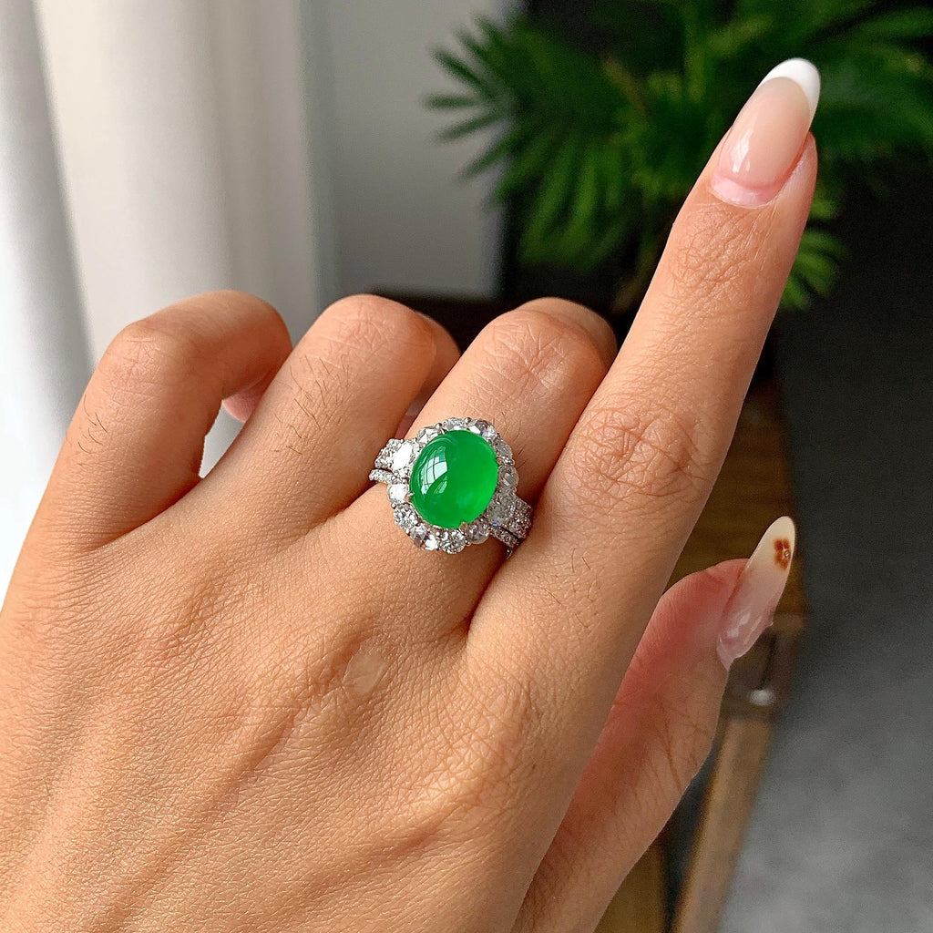 18k金钻镶冰种满绿蛋面戒指（两用款）（yc257225）