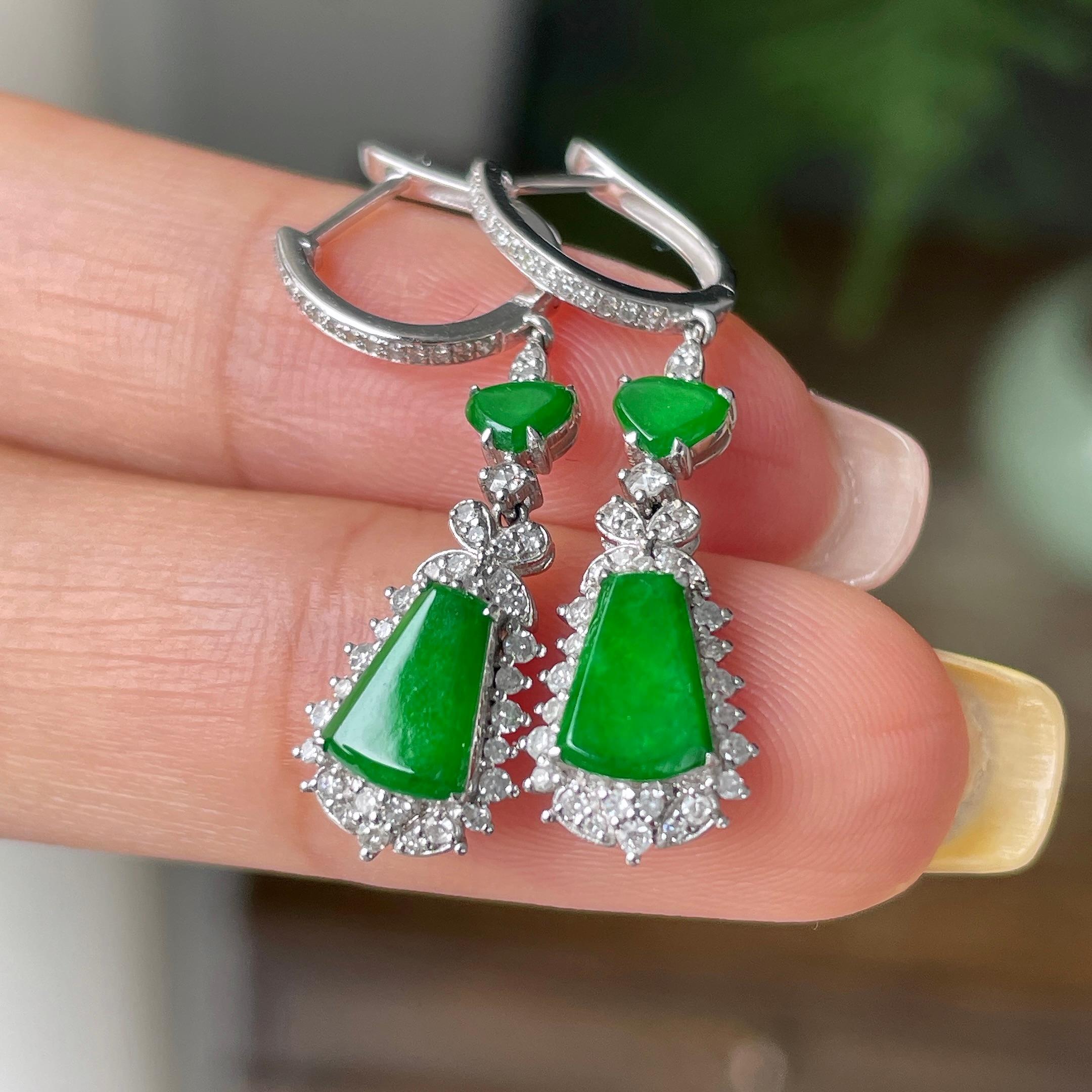 18k金钻镶细糯种满绿无事牌耳坠    天然缅甸A货翡翠（yc362128）