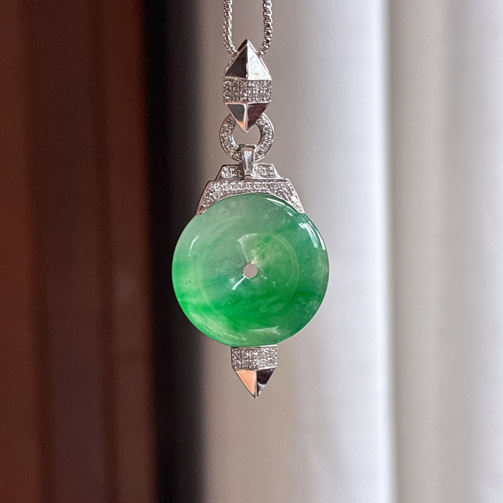 Mặt dây chuyền ngọc bích Myanmar tự nhiên loại A, khảm vàng 18k, màu xanh lục đầy đặn, bề mặt băng chủng (yc450416)