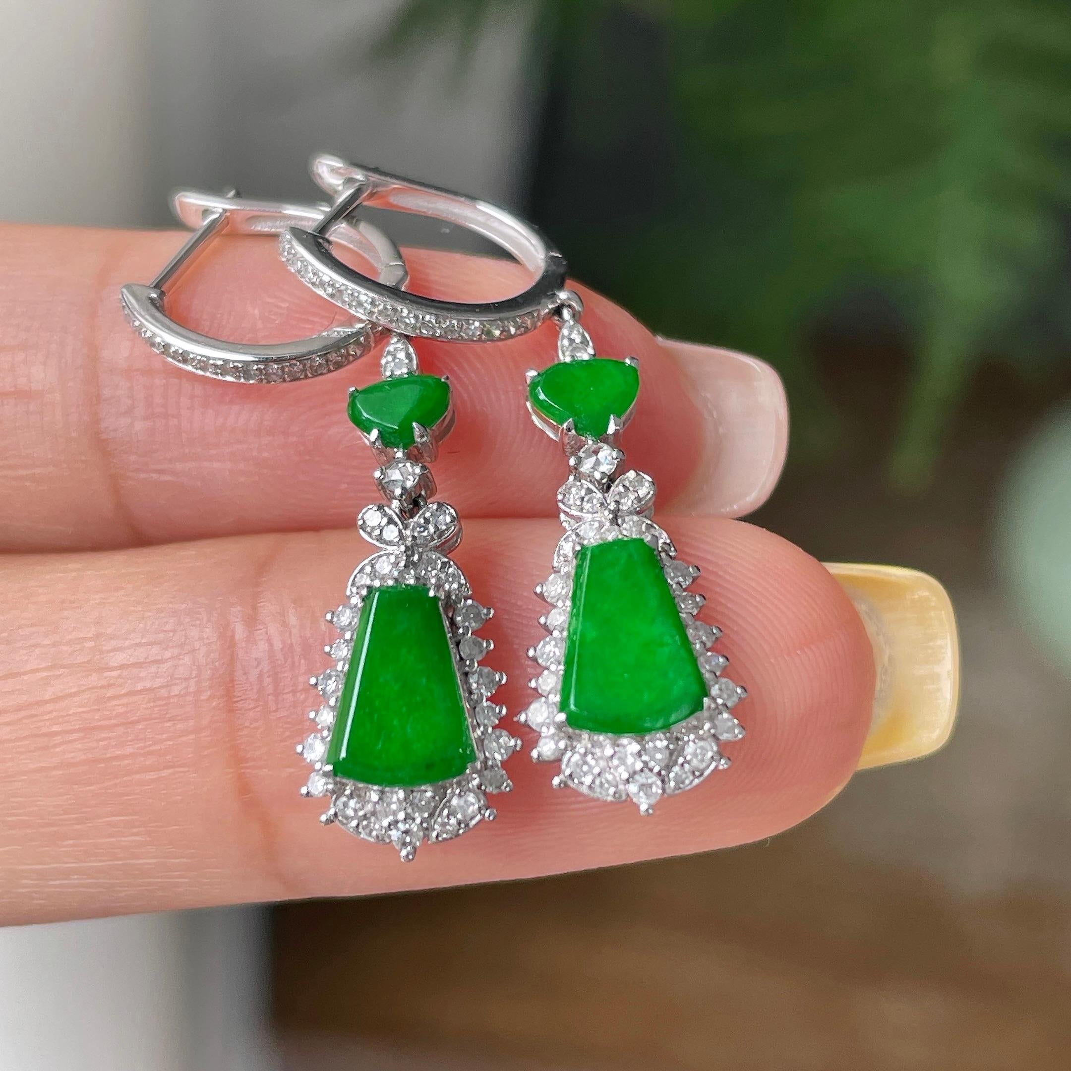 18k金钻镶细糯种满绿无事牌耳坠    天然缅甸A货翡翠（yc362128）