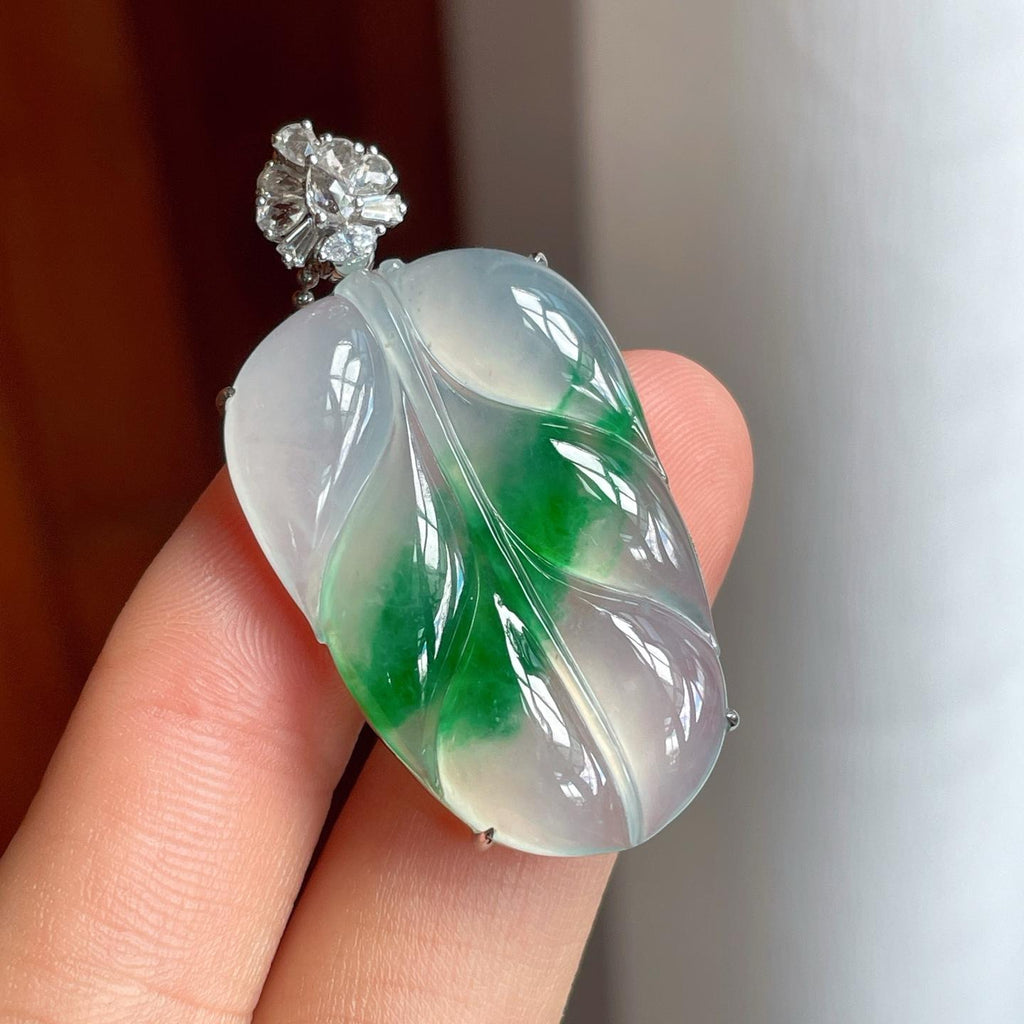 18k金镶冰种带色翡翠叶子（yc250572）