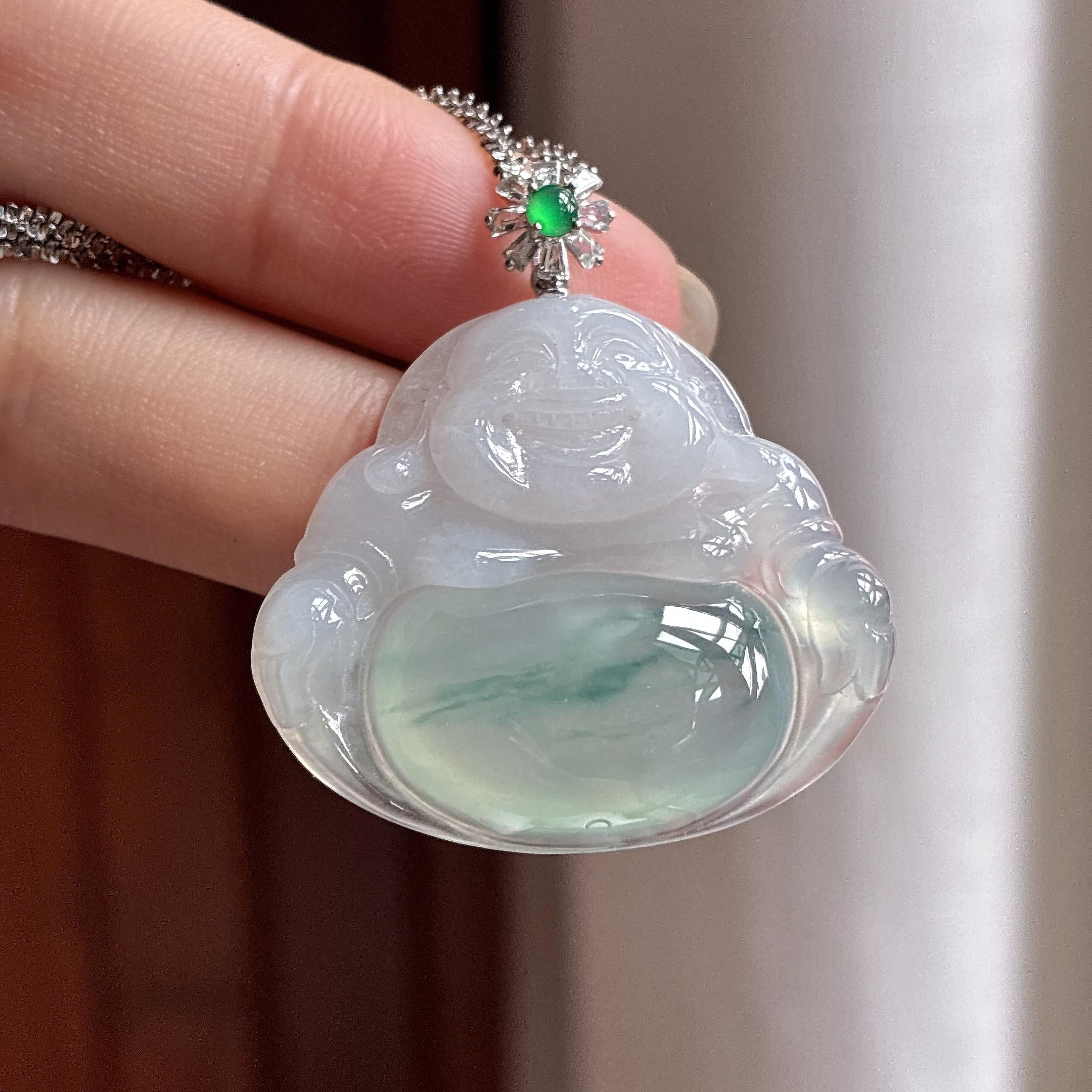 18k金扣头糯冰飘花玉佛挂件 天然缅甸A货翡翠（yc484027）