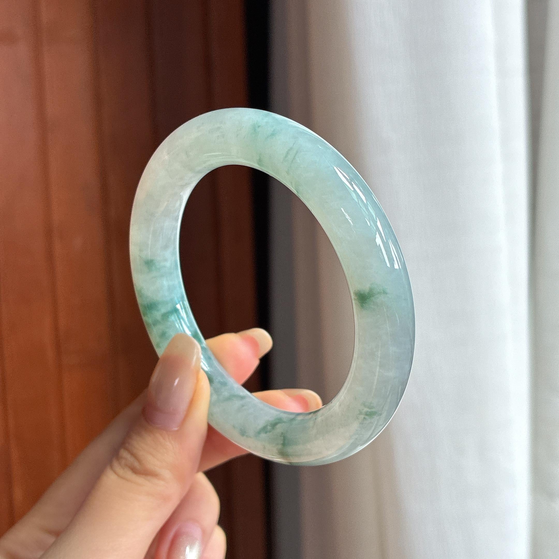 糯冰飘花圆条手镯 53圈 天然缅甸A货翡翠（yc457189）