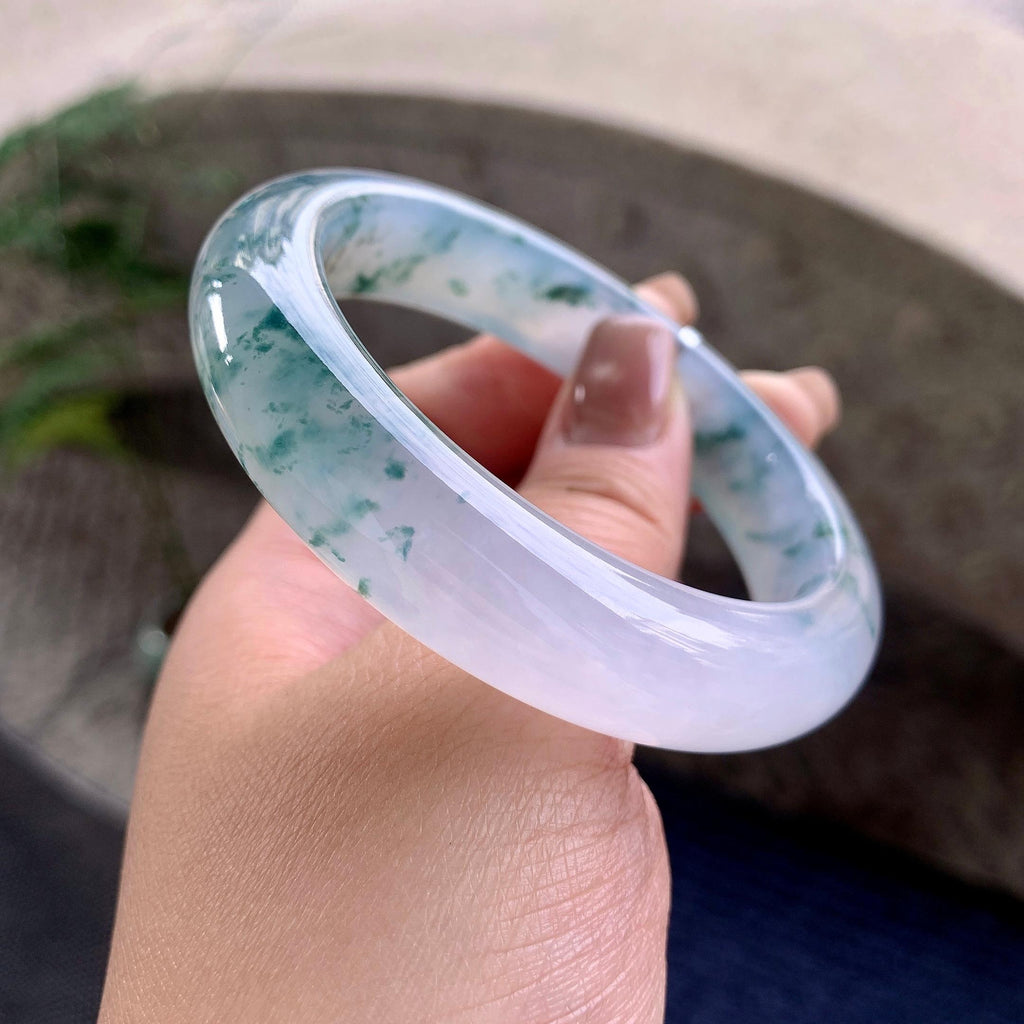 糯冰种飘蓝花正圈平安镯 57.8圈口 天然缅甸A货翡翠（yc351388）