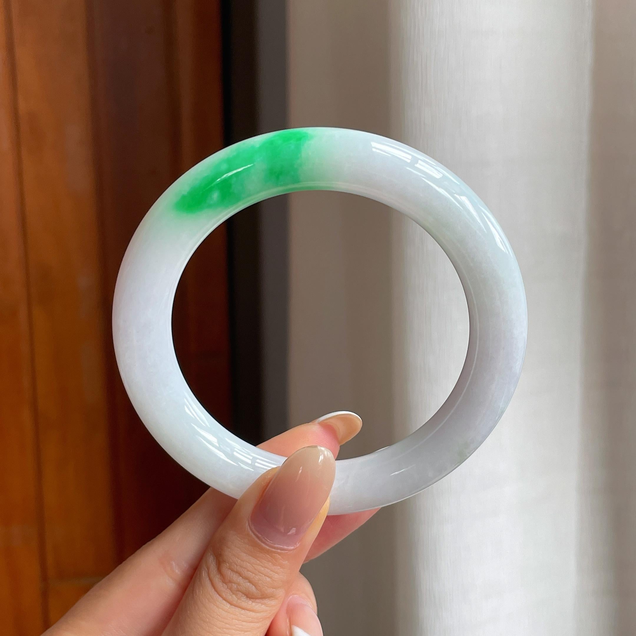 糯冰白底青翡翠圆条手镯（57mm)（yc415954）