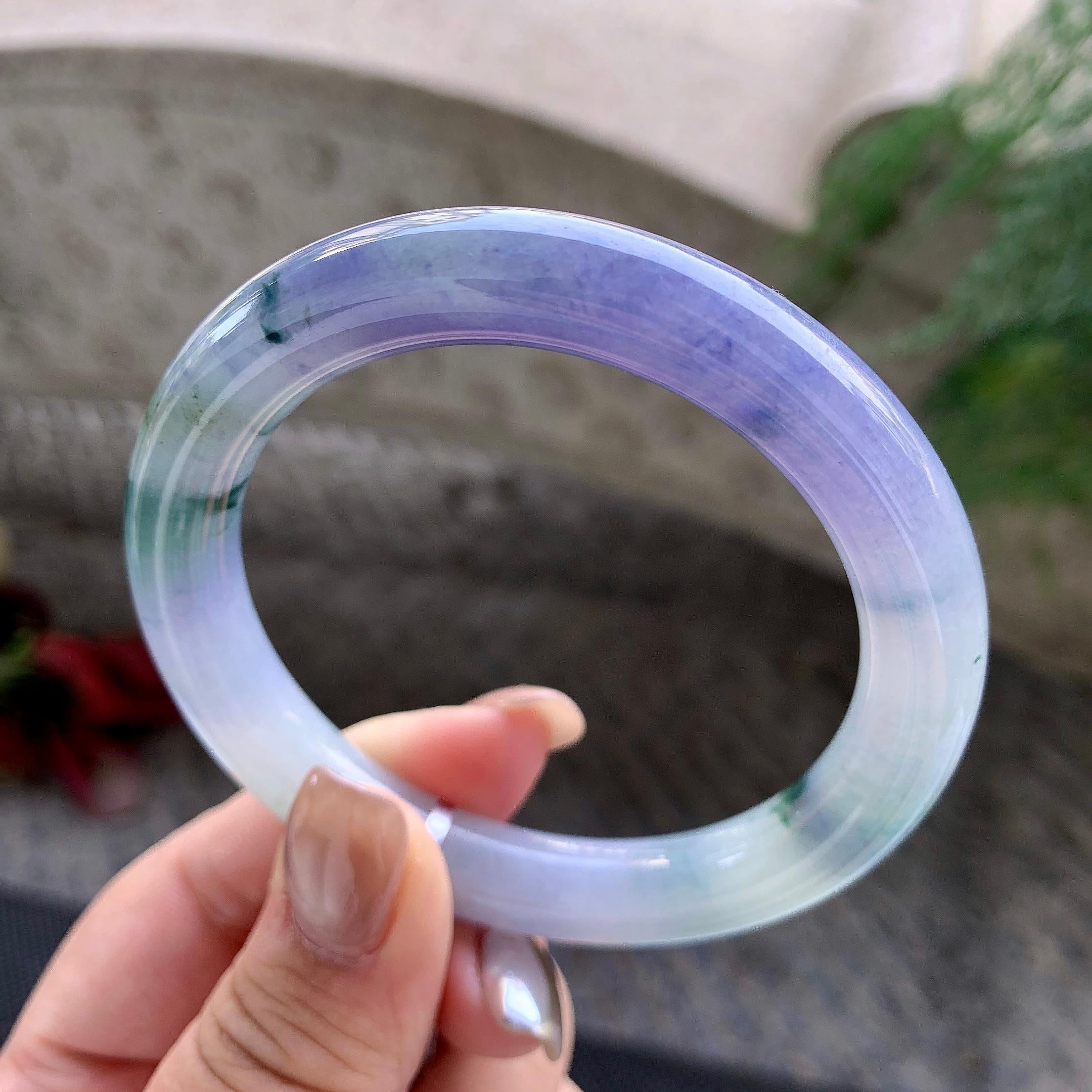 细糯种紫罗兰飘蓝花圆条手镯  57圈口  天然缅甸A货翡翠（yc431638）