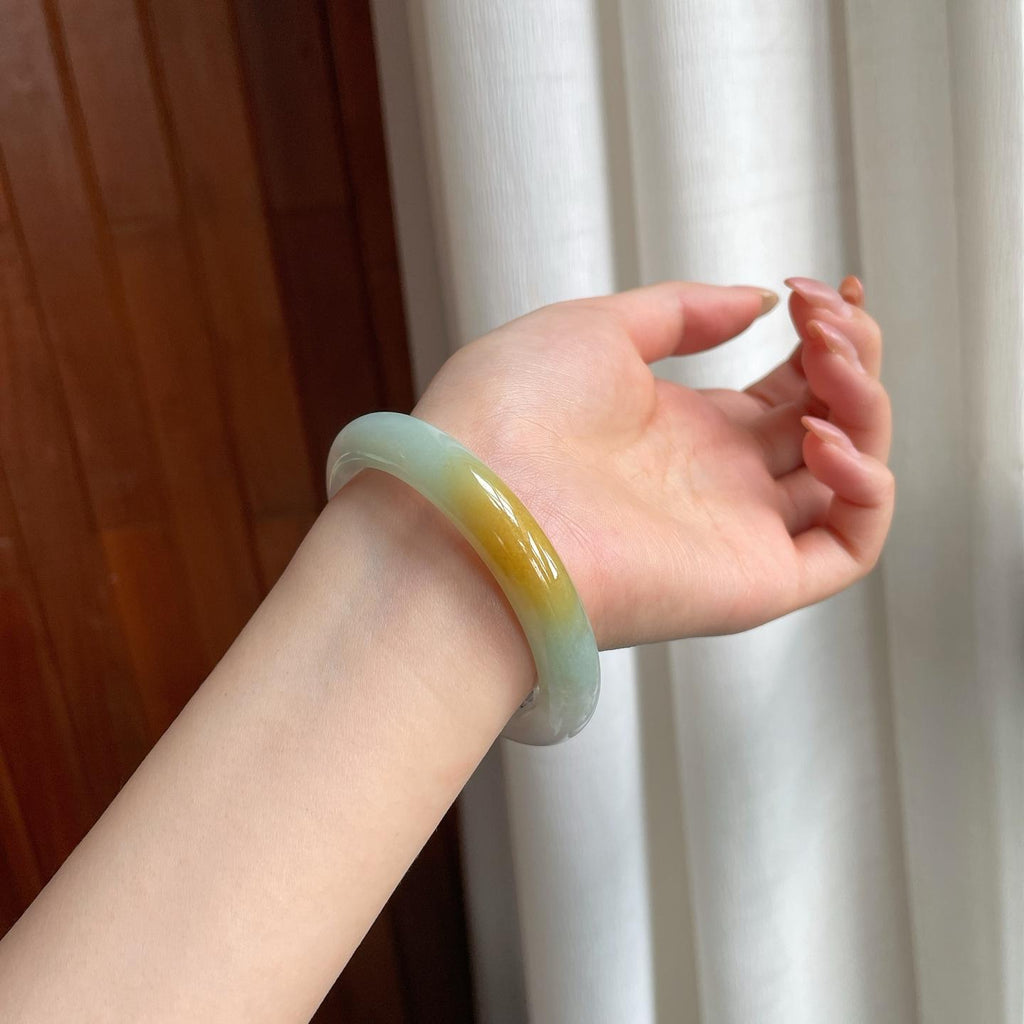 糯冰黄加绿翡翠平安镯（53.6mm)（yc365764）