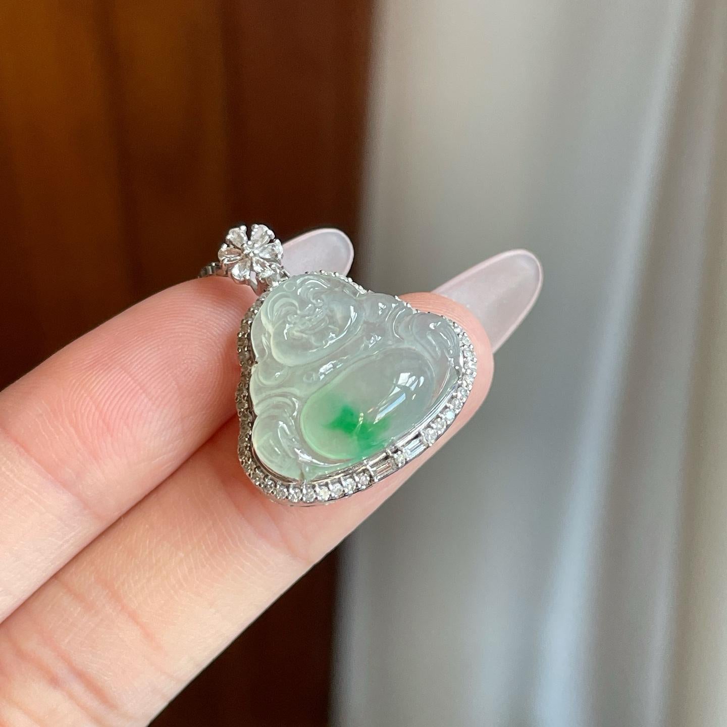 18k金钻镶冰种飘花翡翠佛公（yc269032）