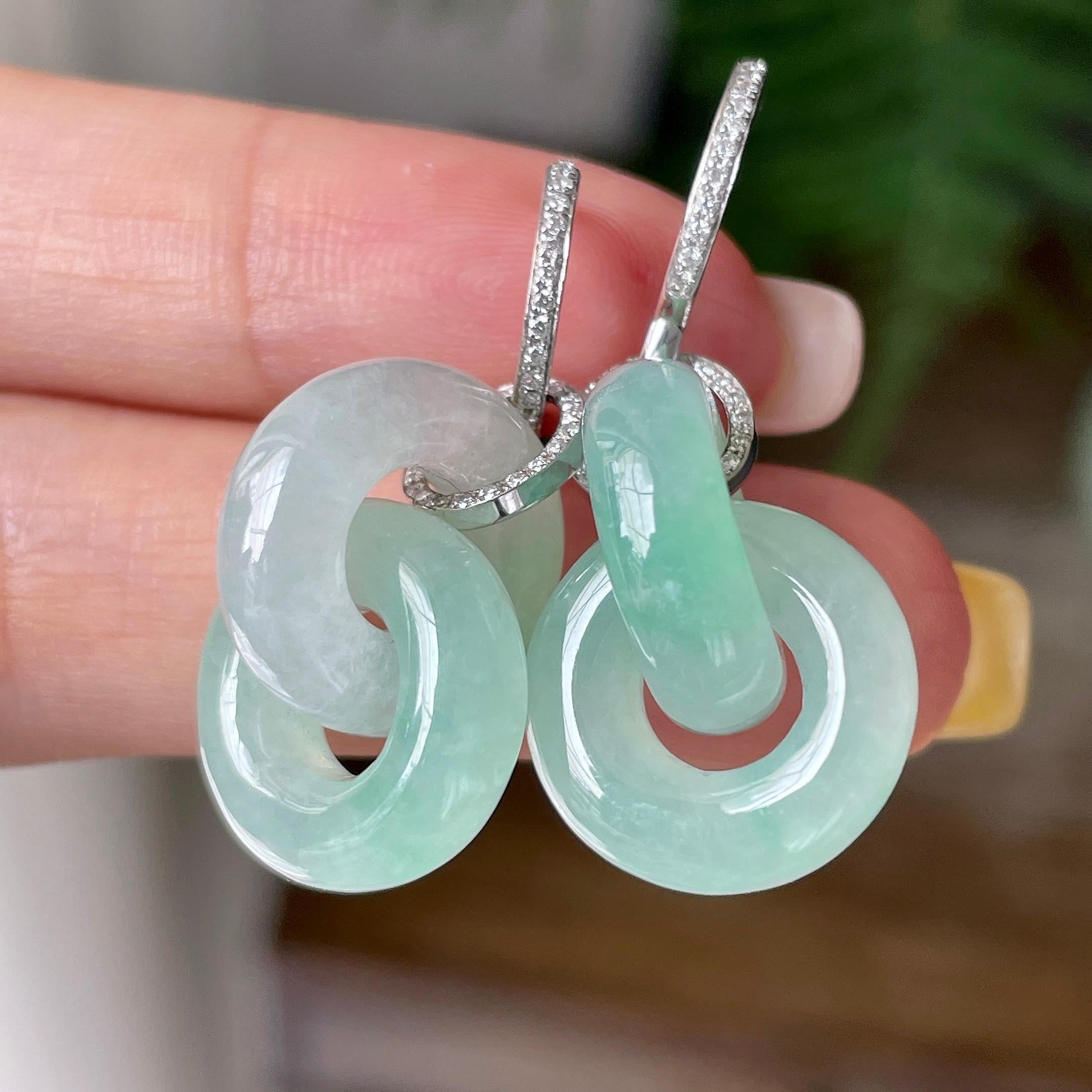 18k金钻镶糯冰种晴水双环耳坠    天然缅甸A货翡翠（yc362127）