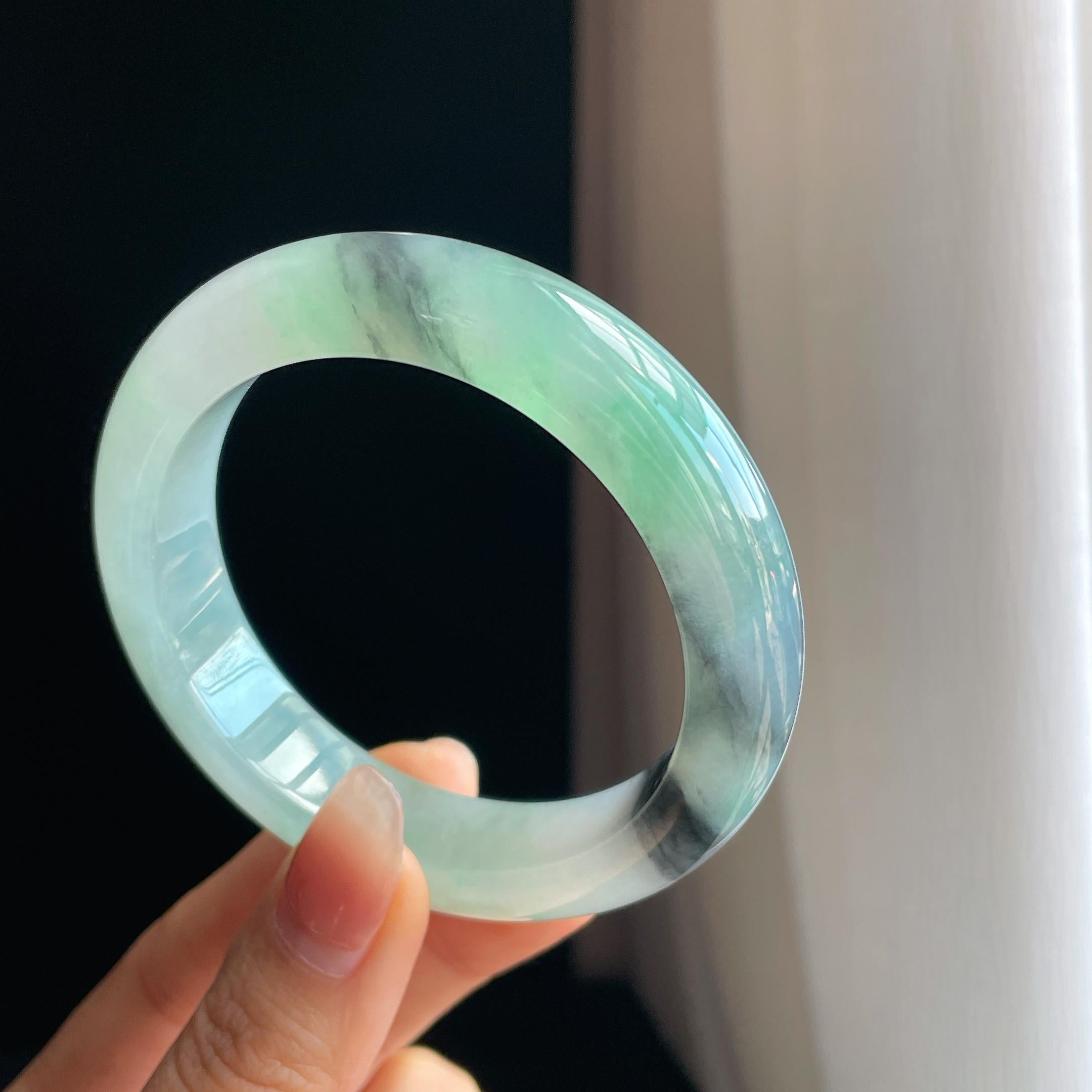 冰种水墨花翡翠平安镯（56.7mm)（yc323697）