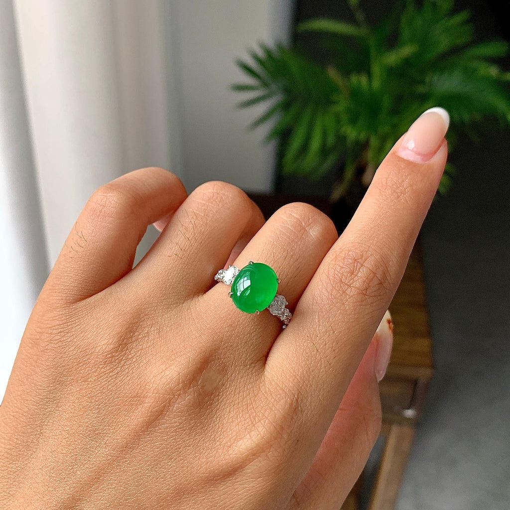 18k金钻镶冰种满绿蛋面戒指（两用款）（yc257225）