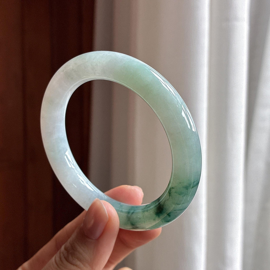糯冰飘花圆条手镯 54圈 天然缅甸A货翡翠（yc464557）