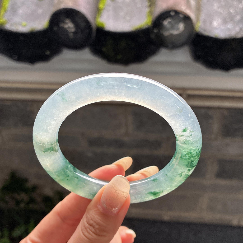 冰种起光圆条飘花手镯 58圈 天然缅甸A货翡翠（yc502122）