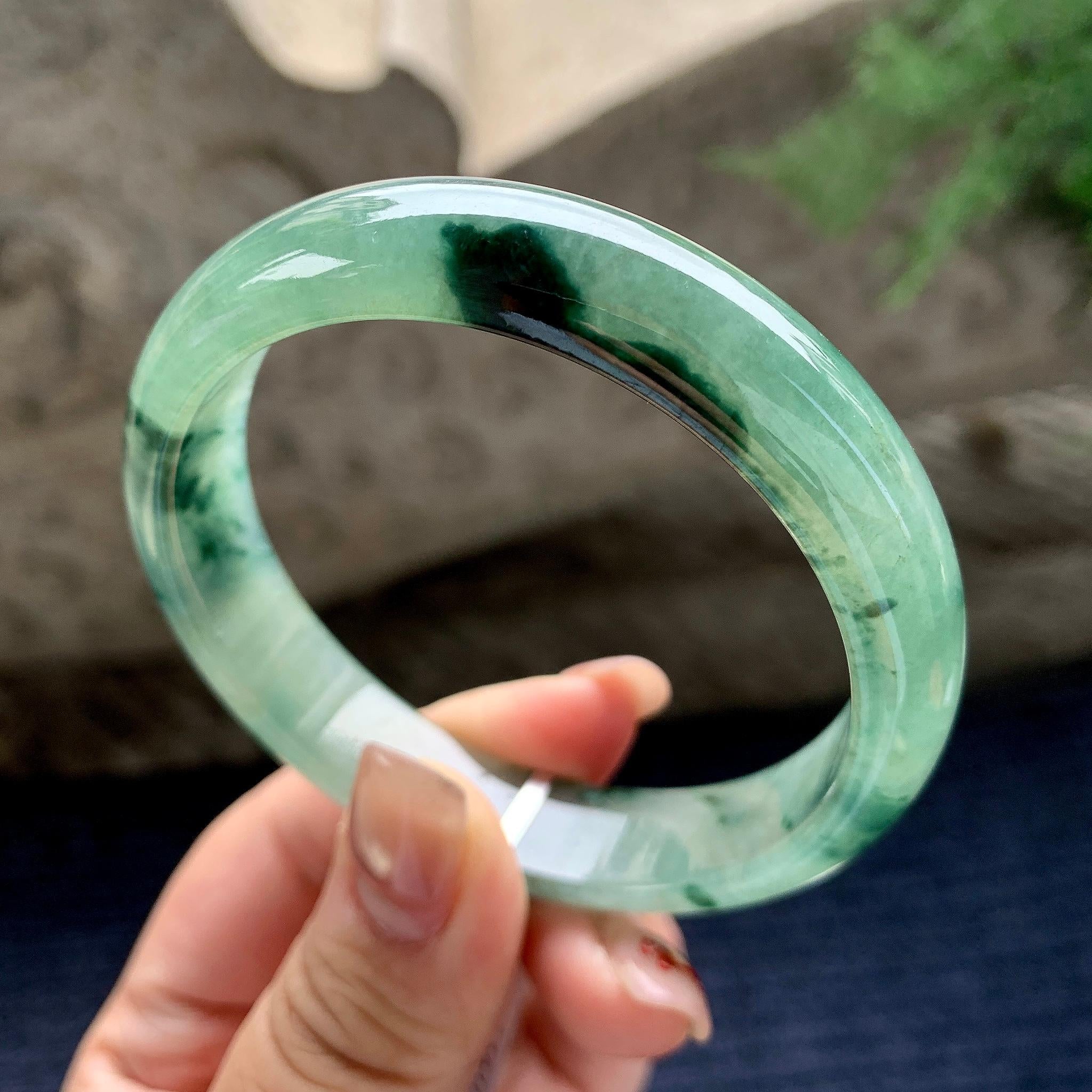 糯冰种飘蓝花正圈平安镯 58.2圈口 天然缅甸A货翡翠（yc358872）