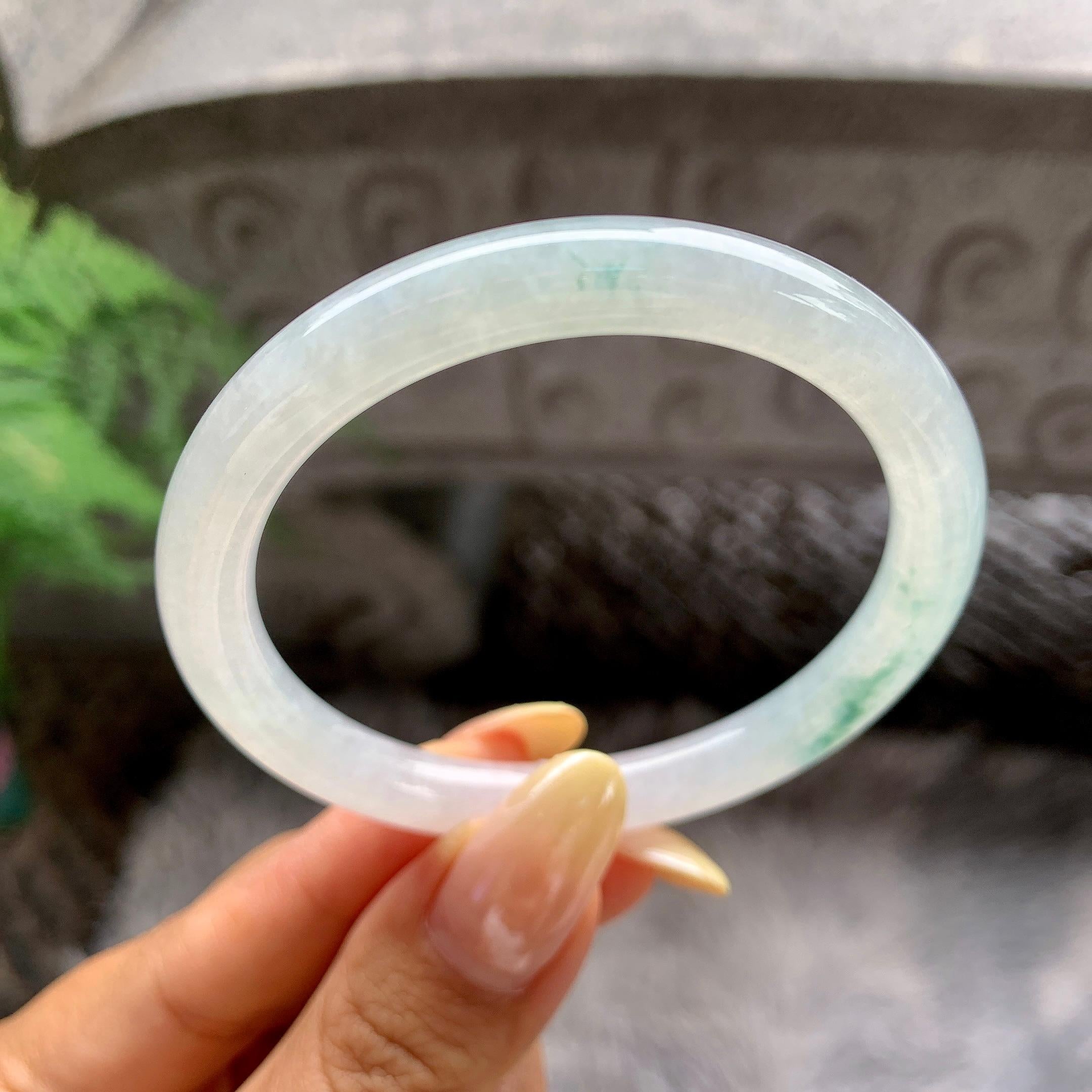 小圈口 糯冰种飘花圆条手镯53圈 天然缅甸A货翡翠（yc481913）