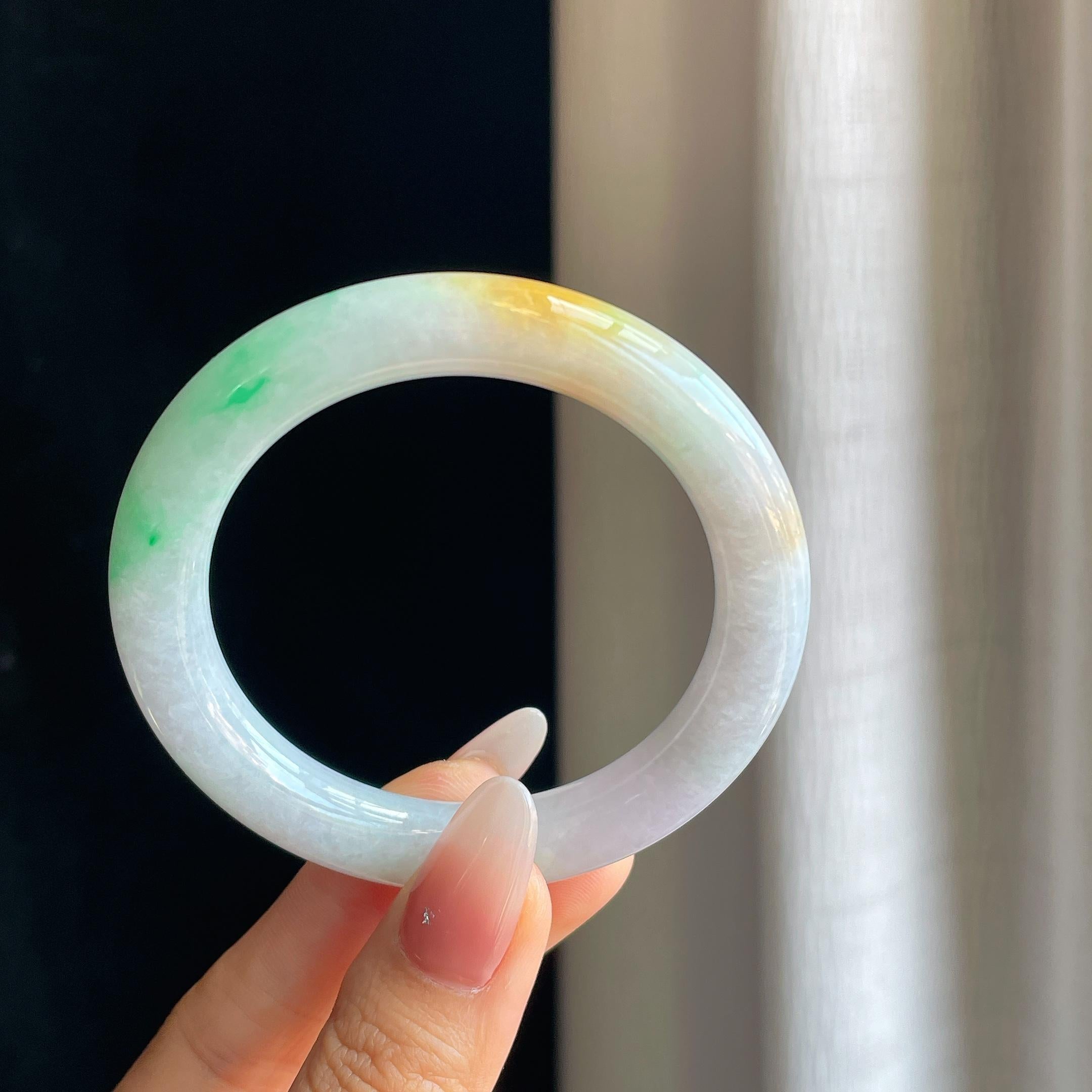 糯冰黄加绿翡翠圆条手镯（53mm）（yc295022）