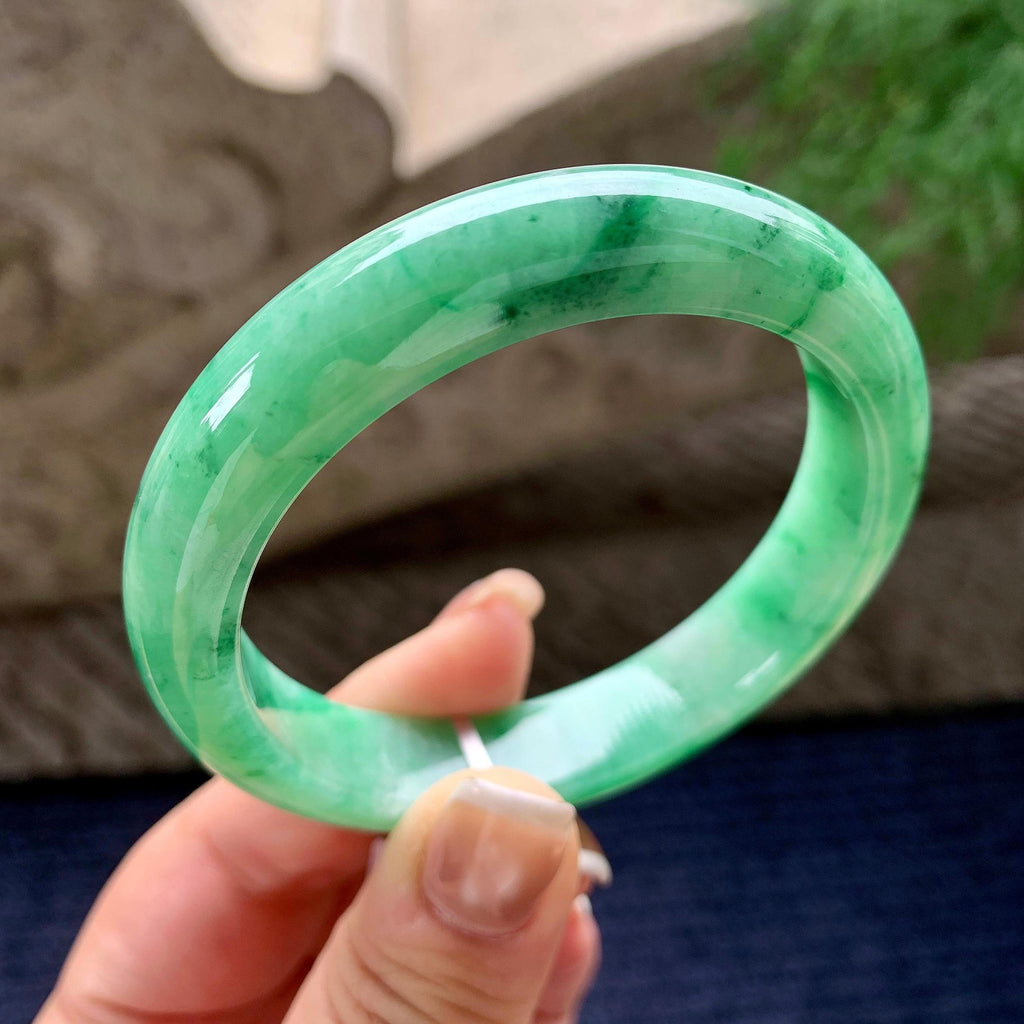 细糯种飘绿花正圈平安镯 56.8圈口 天然缅甸A货翡翠（yc371535）