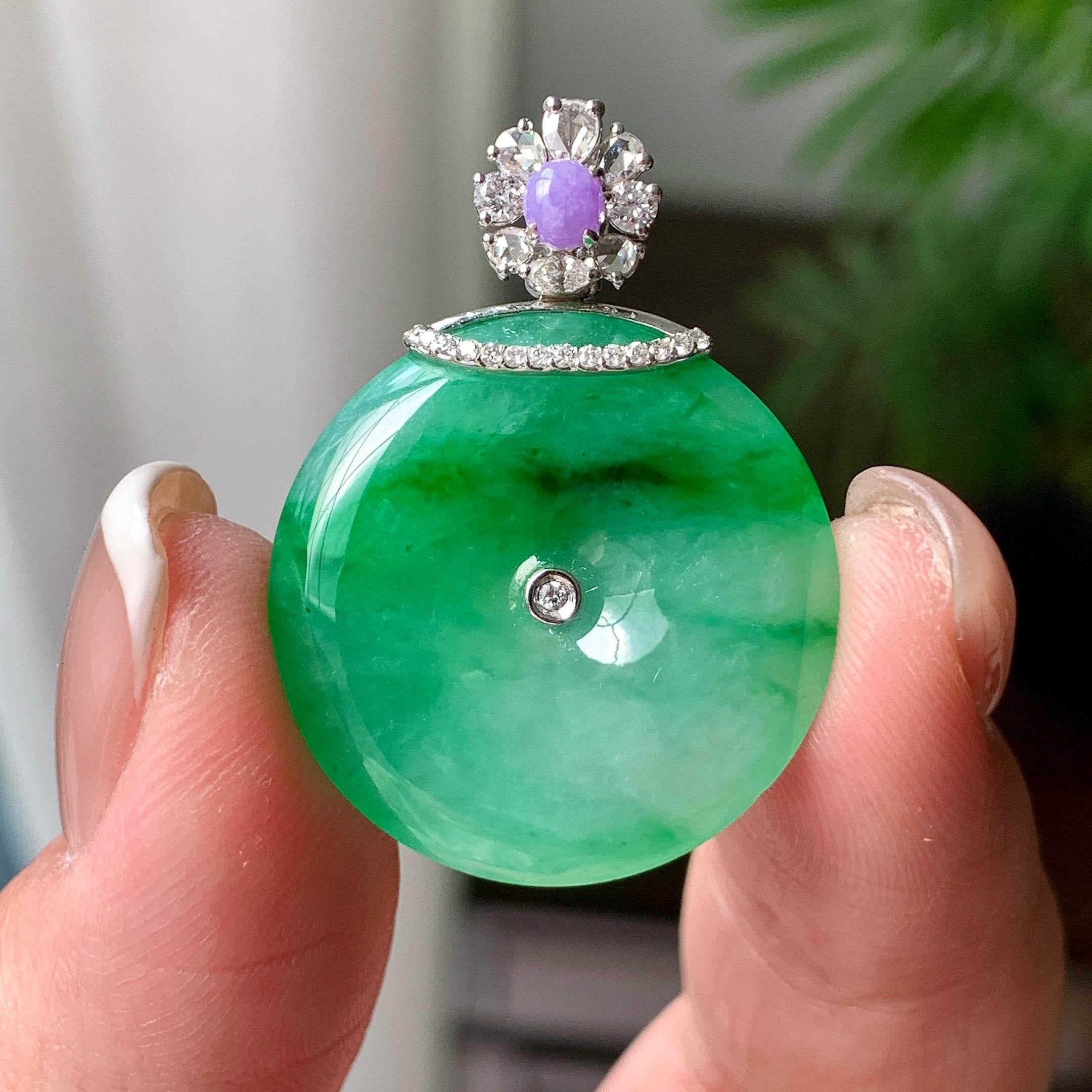 18K金钻镶糯冰种飘绿花平安扣吊坠  天然缅甸A货翡翠（yc362088）