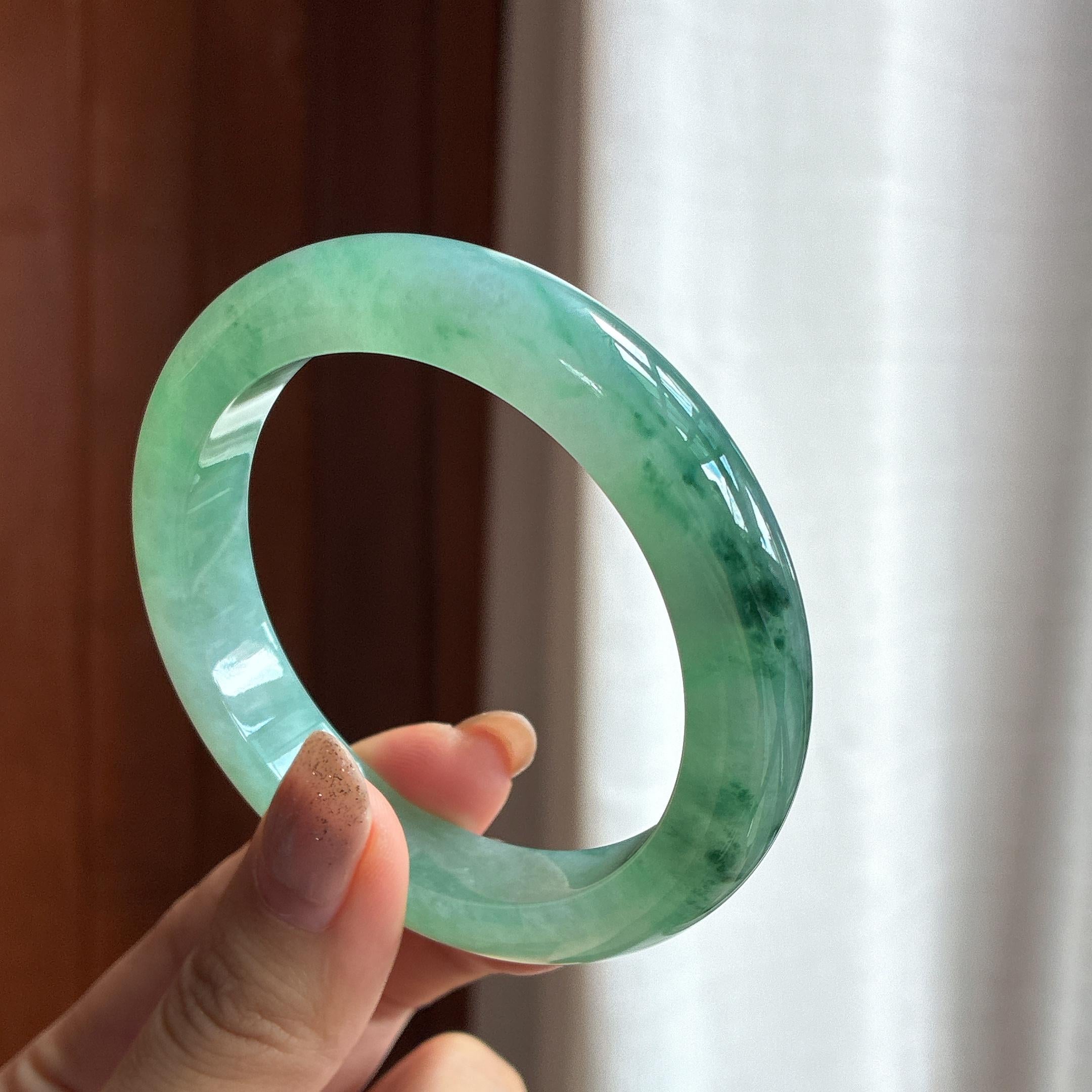糯冰绿底飘花正圈平安镯 56圈 天然缅甸A货翡翠（yc453867）