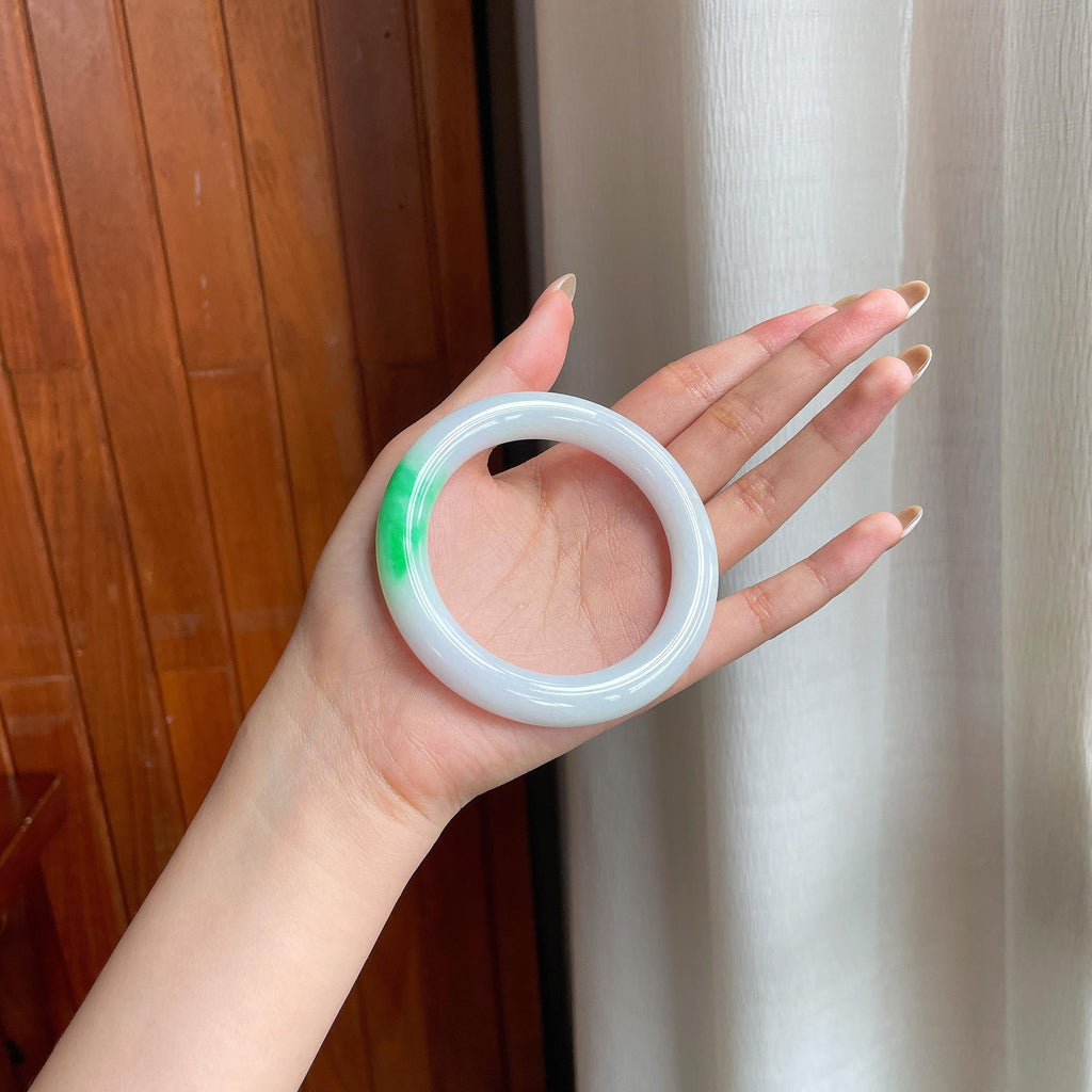 糯冰白底青翡翠圆条手镯（57mm)（yc415954）