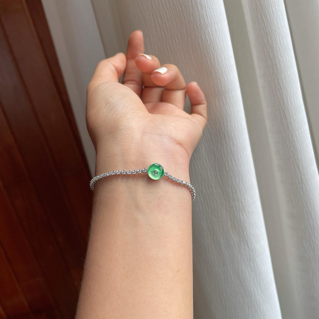 18k金镶冰种翠绿翡翠平安扣（yc253255）